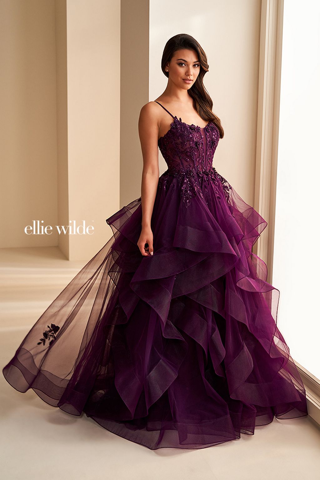 Ellie Wilde EW36225 Long Lace Ball Gown Formal Ruffled Beaded Prom Dress