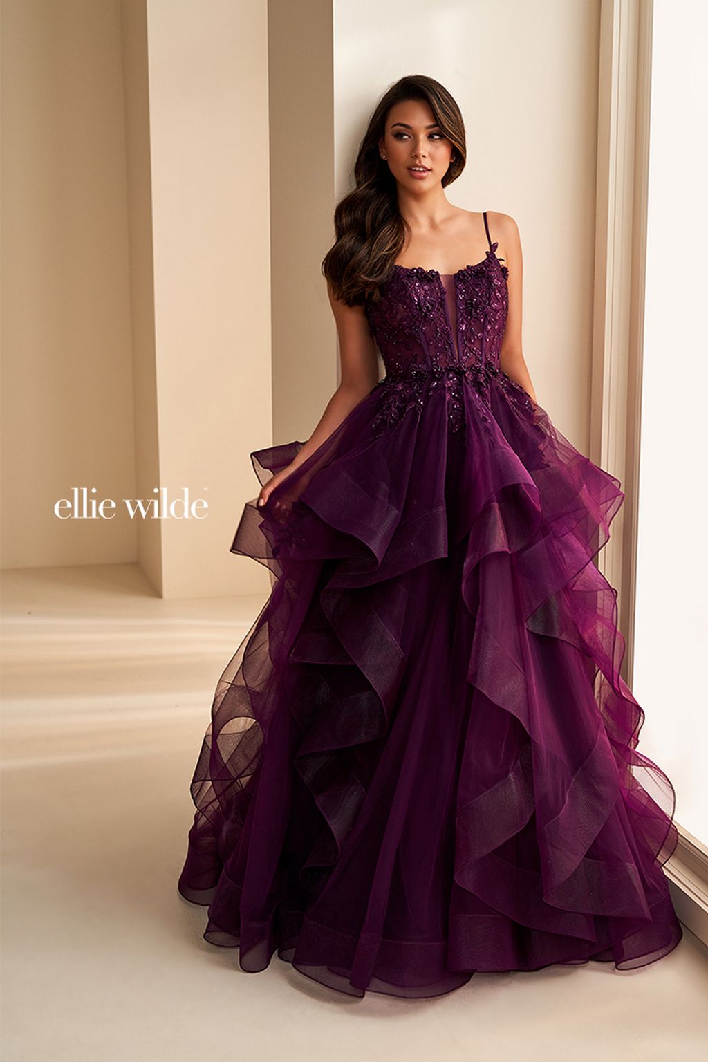 Ellie Wilde EW36225 Long Lace Ball Gown Formal Ruffled Beaded Prom Dress