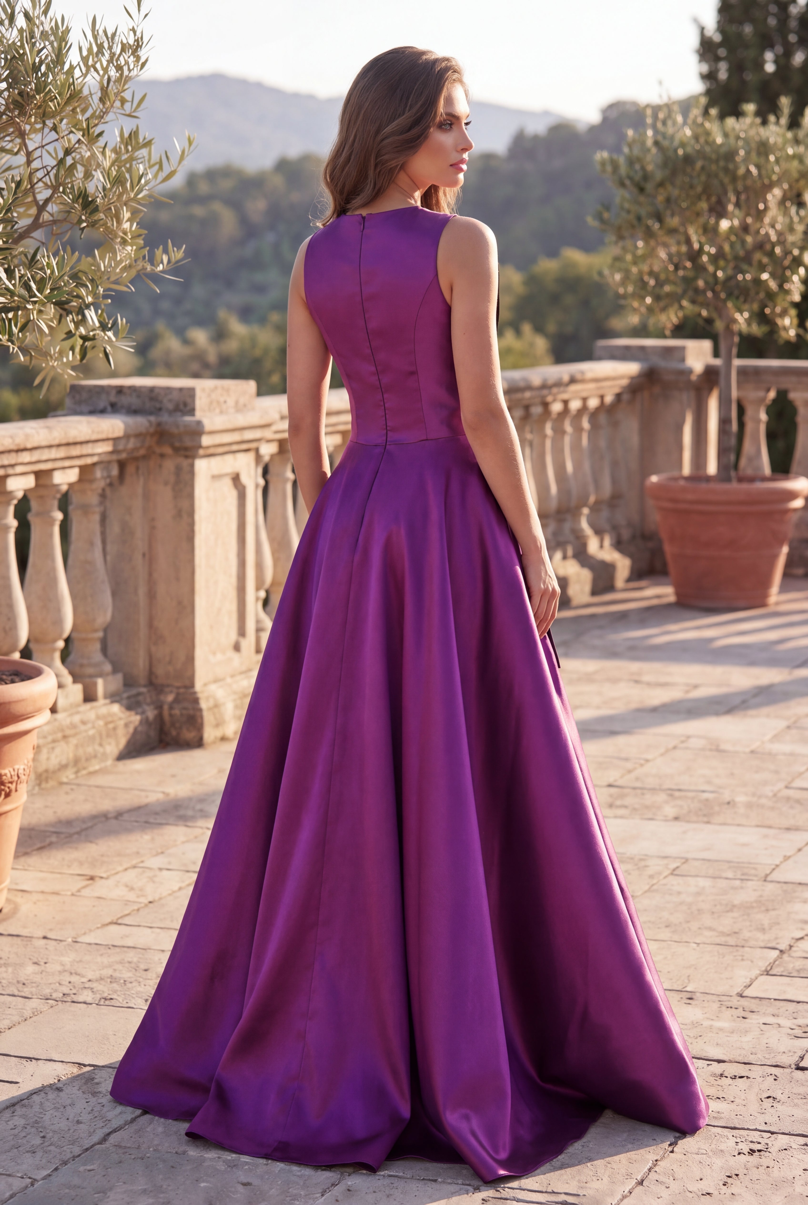 slim fit dress slacks The Dress Outlet Formal Ball Gown - Sleeveless Bateau Neckline - Eggplant