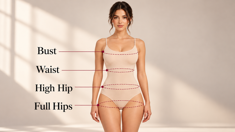 Measurement guide showing bust, waist, high hip and full hip positions