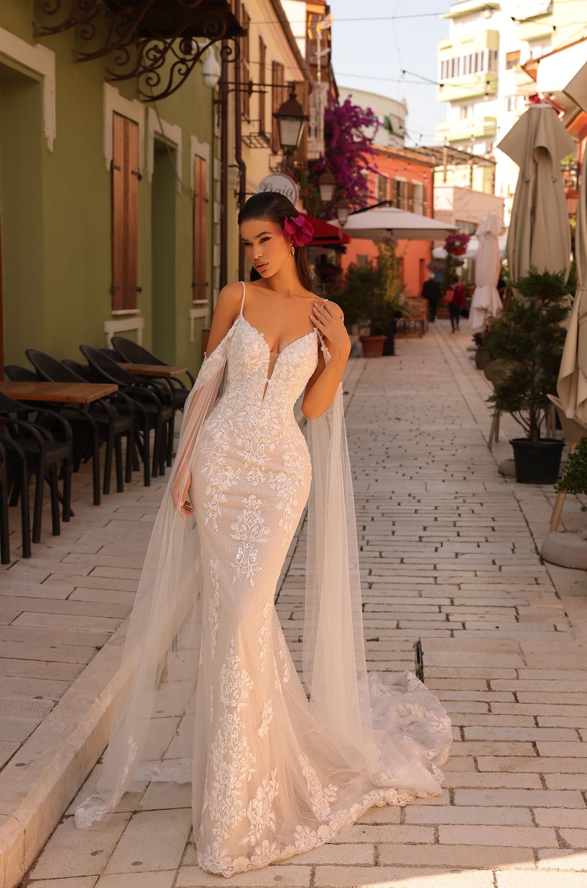 Wedding Dresses Floral Lace Glitter Cape Long Fitted Bridal Wedding Dress Amarra 84377 Ivory/Nude