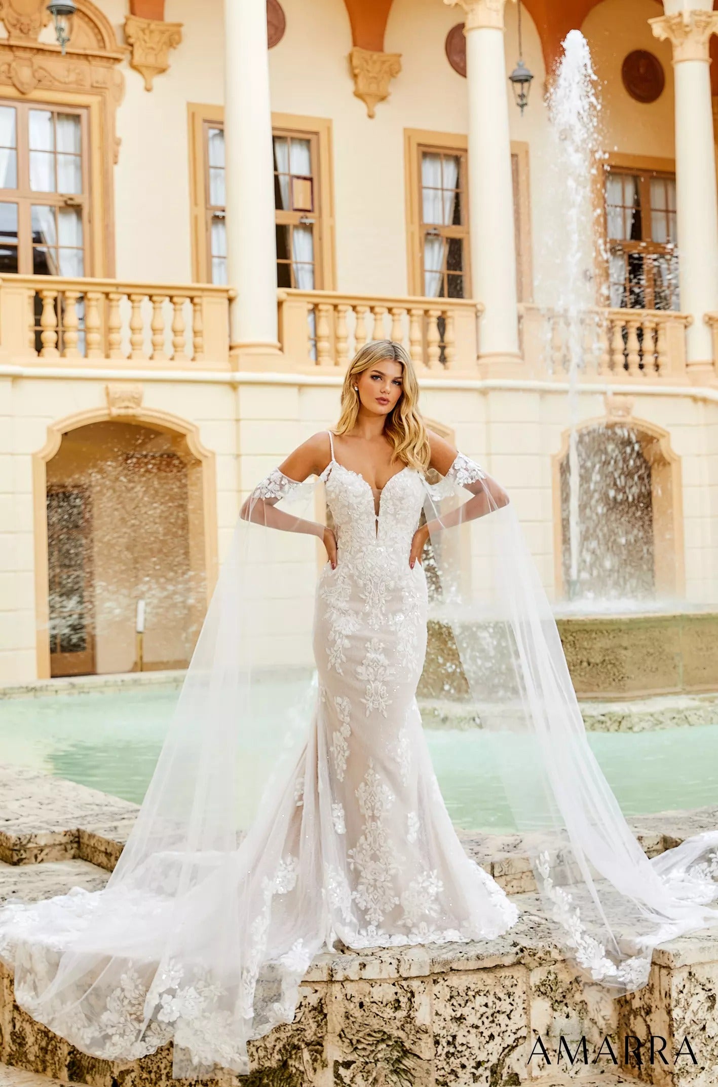 Wedding Dresses Floral Lace Glitter Cape Long Fitted Bridal Wedding Dress Amarra 84377 Ivory/Ivory