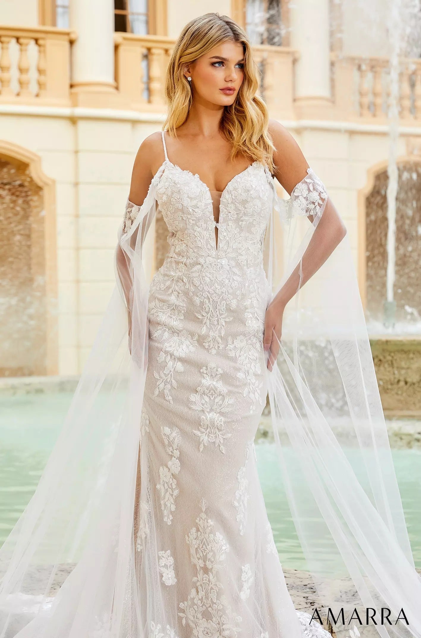 Wedding Dresses Floral Lace Glitter Cape Long Fitted Bridal Wedding Dress Amarra 84377 Ivory/Ivory