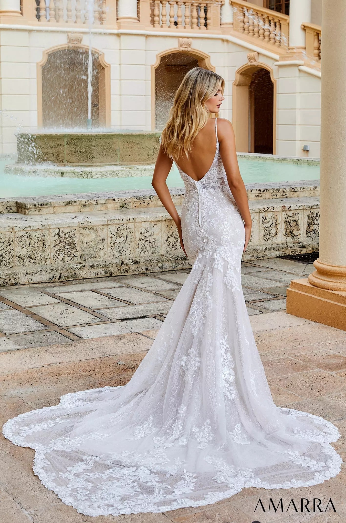 Wedding Dresses Floral Lace Glitter Cape Long Fitted Bridal Wedding Dress Amarra 84377 Ivory/Ivory