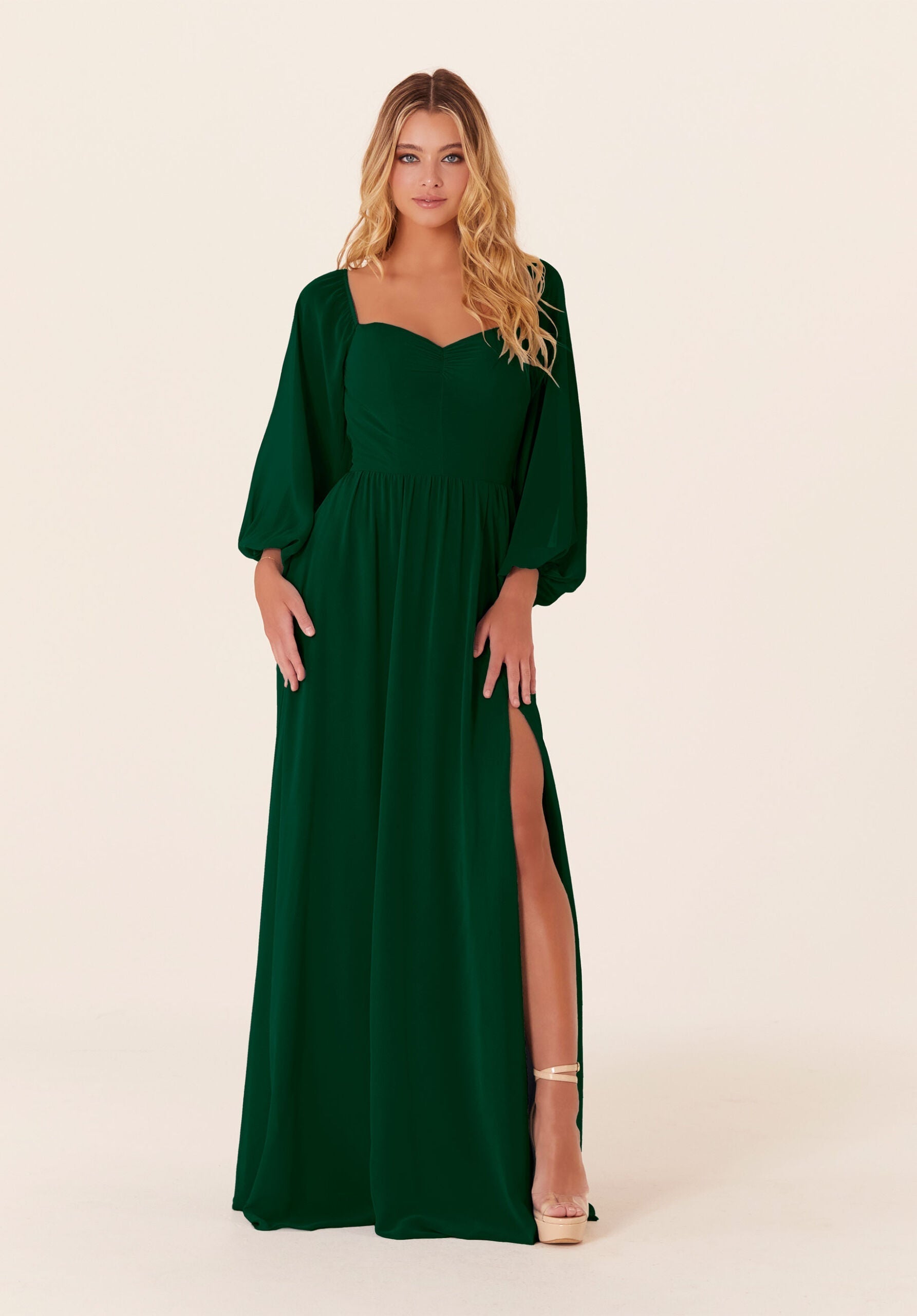 Mother of the Bride Dresses Formal A Line Long Sleeve Mother of the Bride Dress Emerald-Chiffon-21830-Pleated