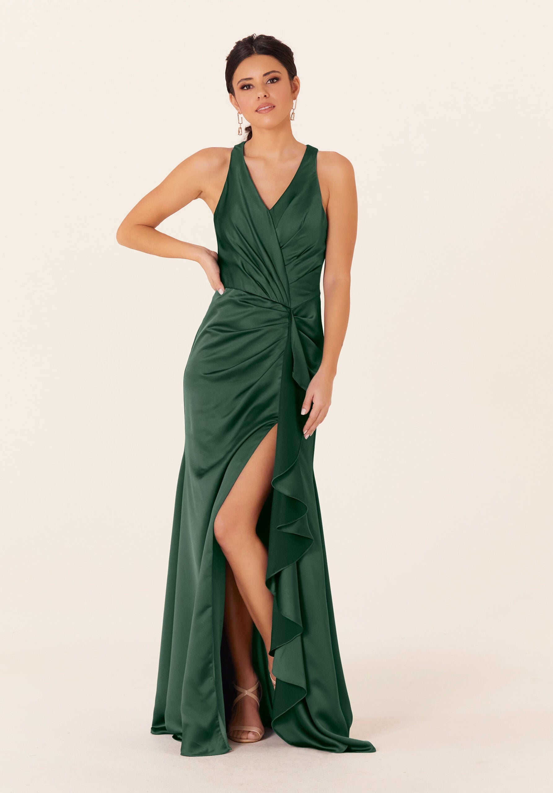 Formal Dresses Ruffle Long Formal Slit Dress Emerald-Satin-21831-Ruffle
