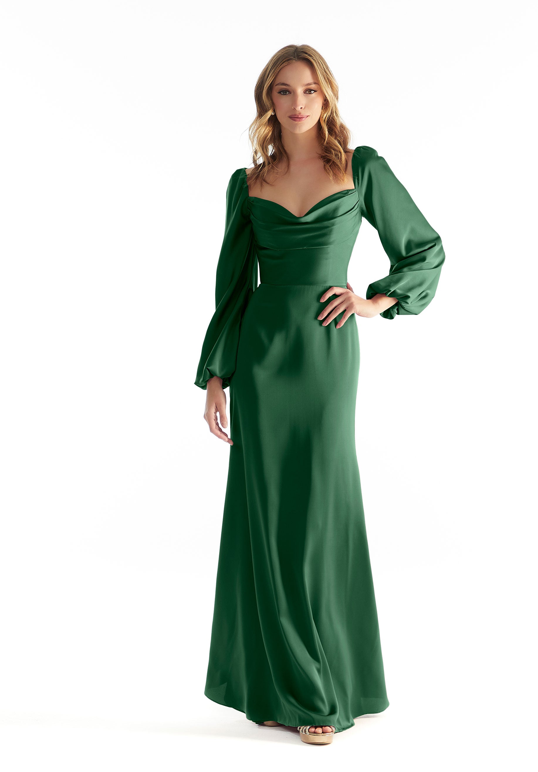 Mother of the Bride Dresses Long Sleeve Formal Lace Mother of the Bride Dress Emerald-Satin-31221-Cowl