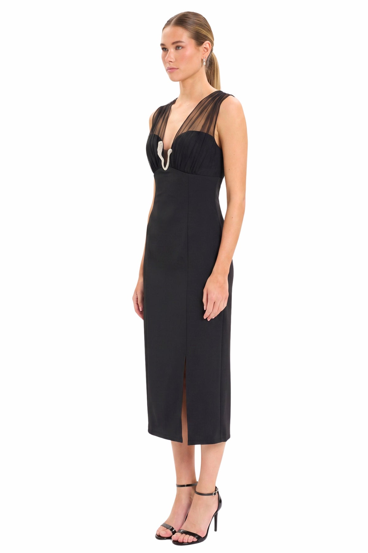 Belted Long Sleeve Sheath Dress in Black Maggy London G7051M