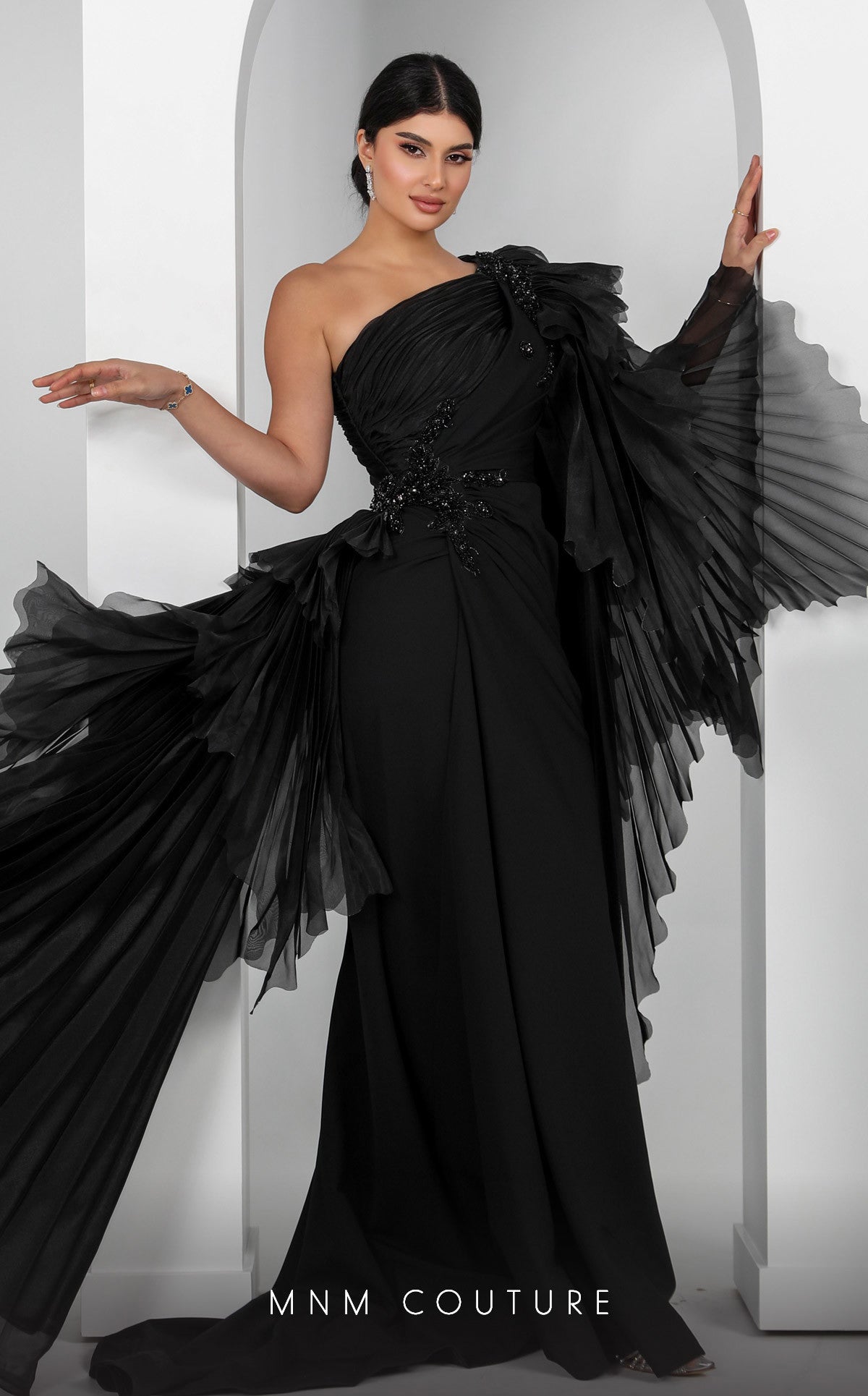 One-Shoulder Floor-Length Chiffon Formal Sheath MNM Couture F02801