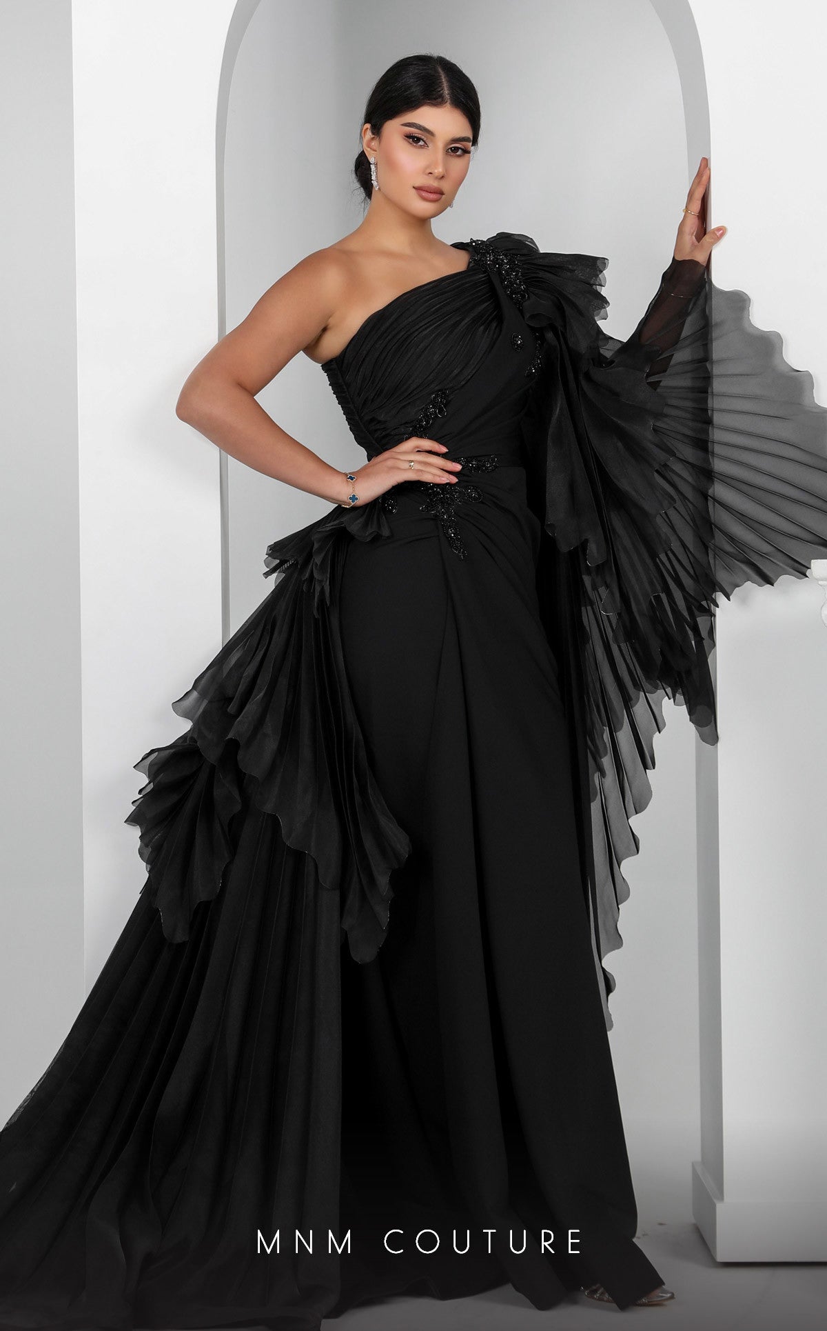 One-Shoulder Floor-Length Chiffon Formal Sheath MNM Couture F02801