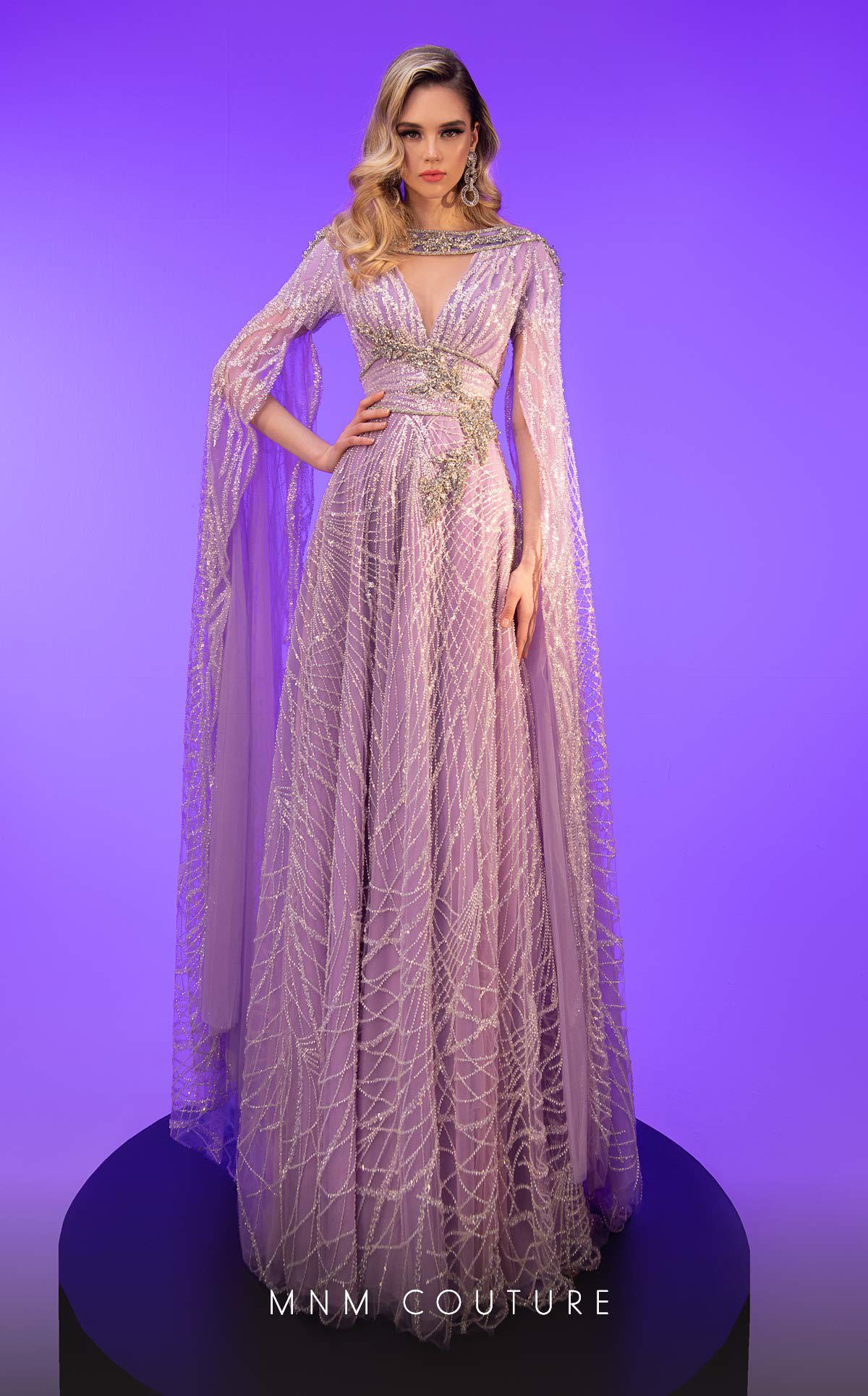 V-Neck Floor-Length Tulle Evening A-Line MNM Couture F02806