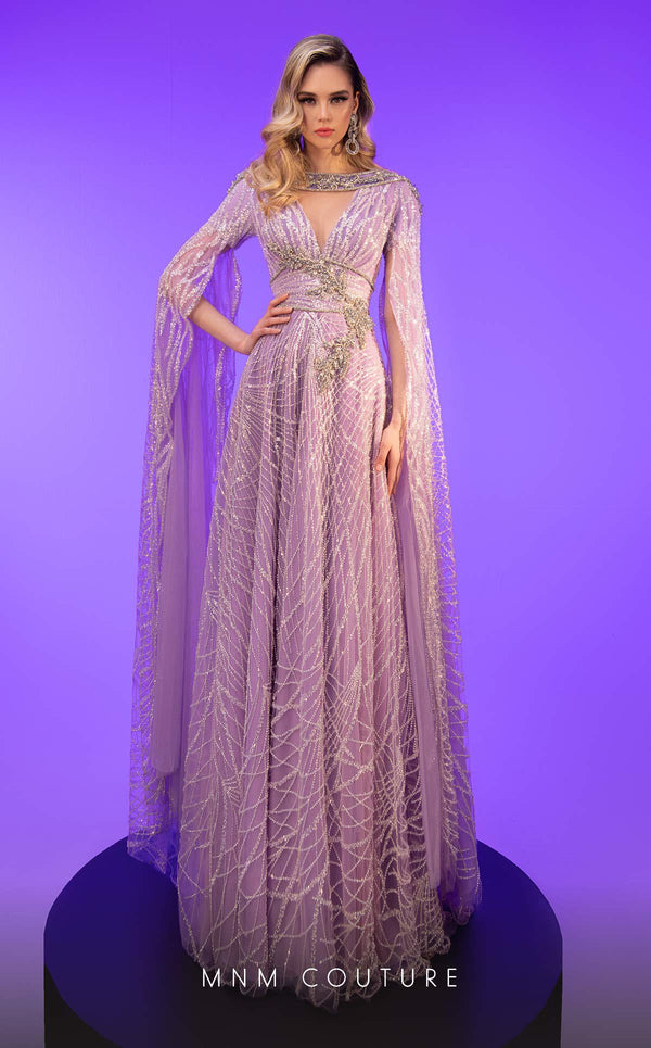 V-Neck Floor-Length Tulle Evening A-Line MNM Couture F02806