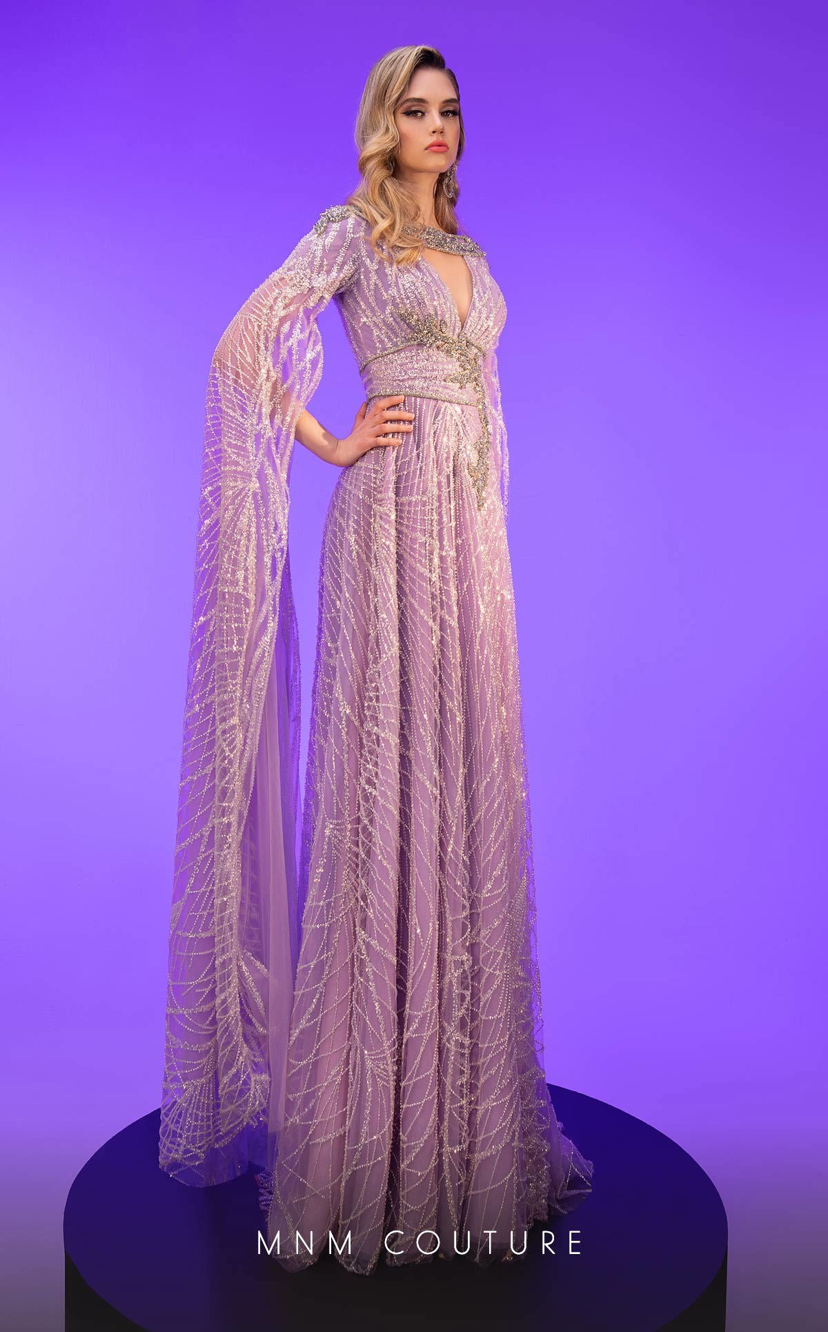 V-Neck Floor-Length Tulle Evening A-Line MNM Couture F02806