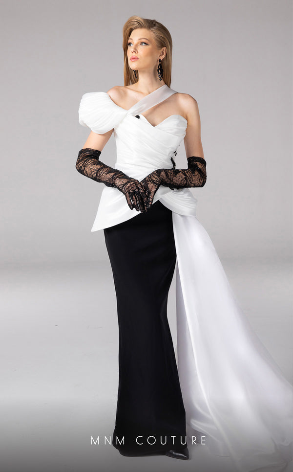 MNM Couture F02810 Beaded Peplum Long Formal Pleated Dress