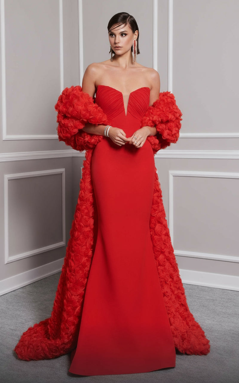 Formal Dresses Mermaid Long Formal Evening Detachable Cape Prom Dress Red