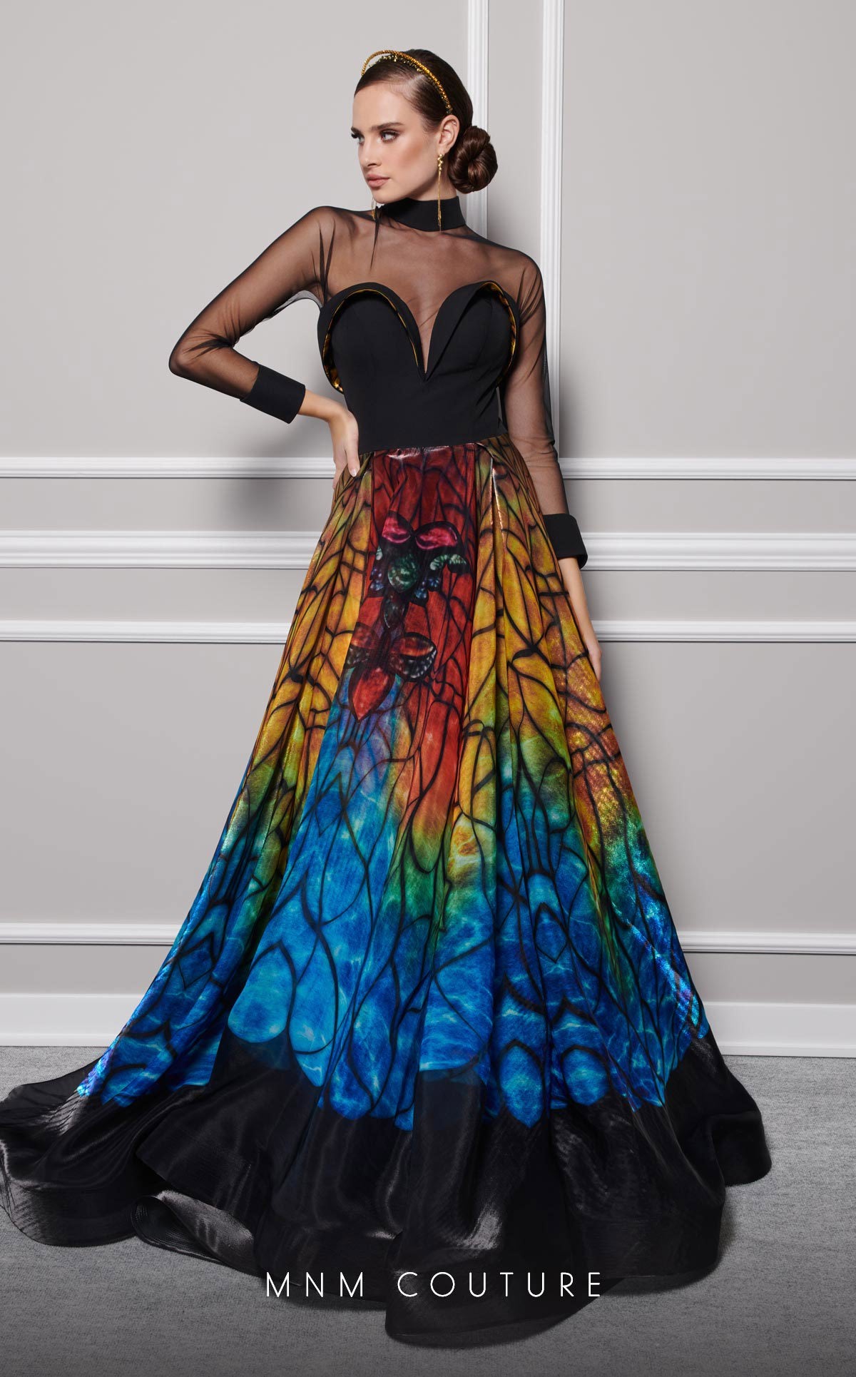 MNM Couture F02825 Long Sleeve Formal Printed A Line Evening Dress