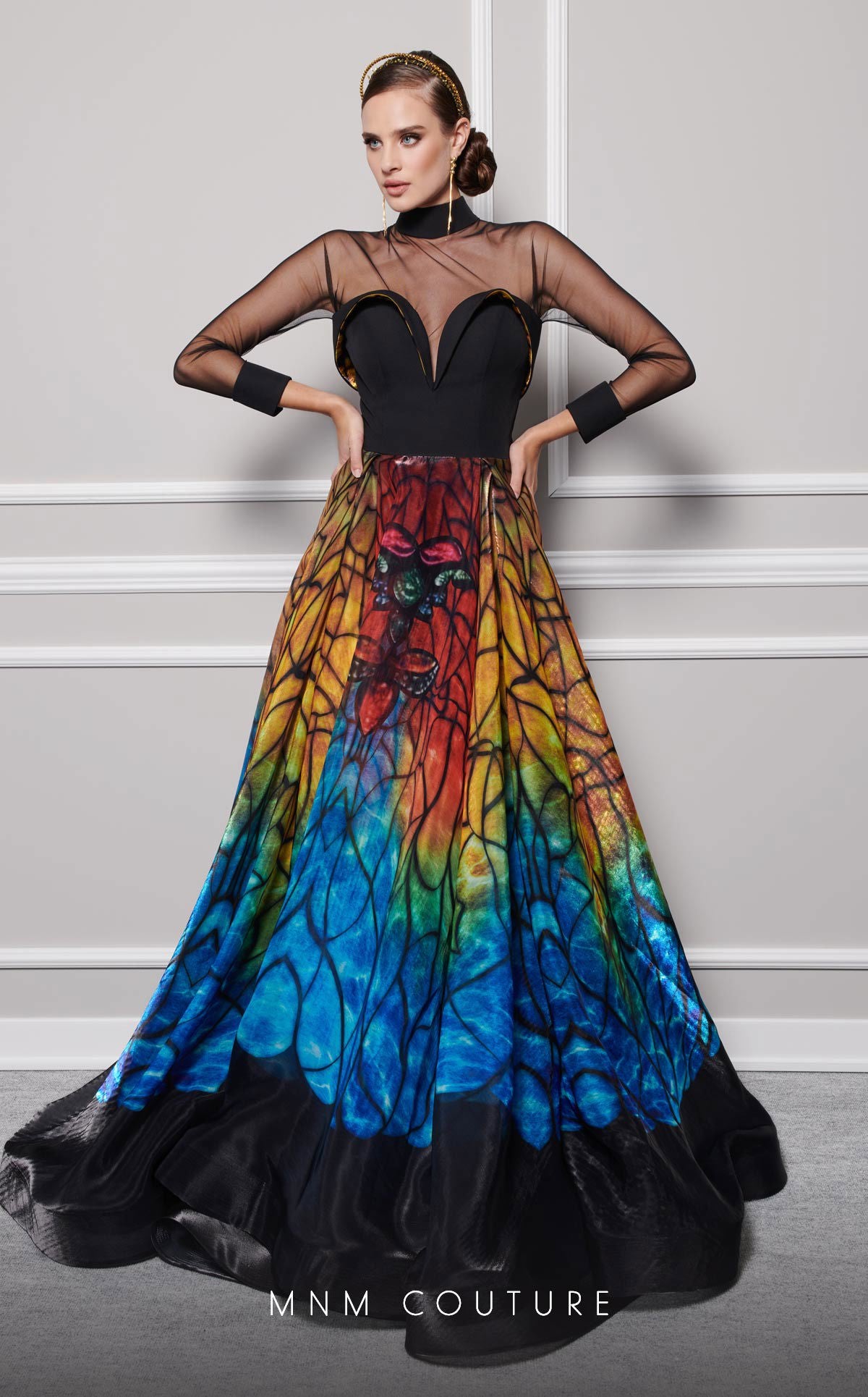 MNM Couture F02825 Long Sleeve Formal Printed A Line Evening Dress