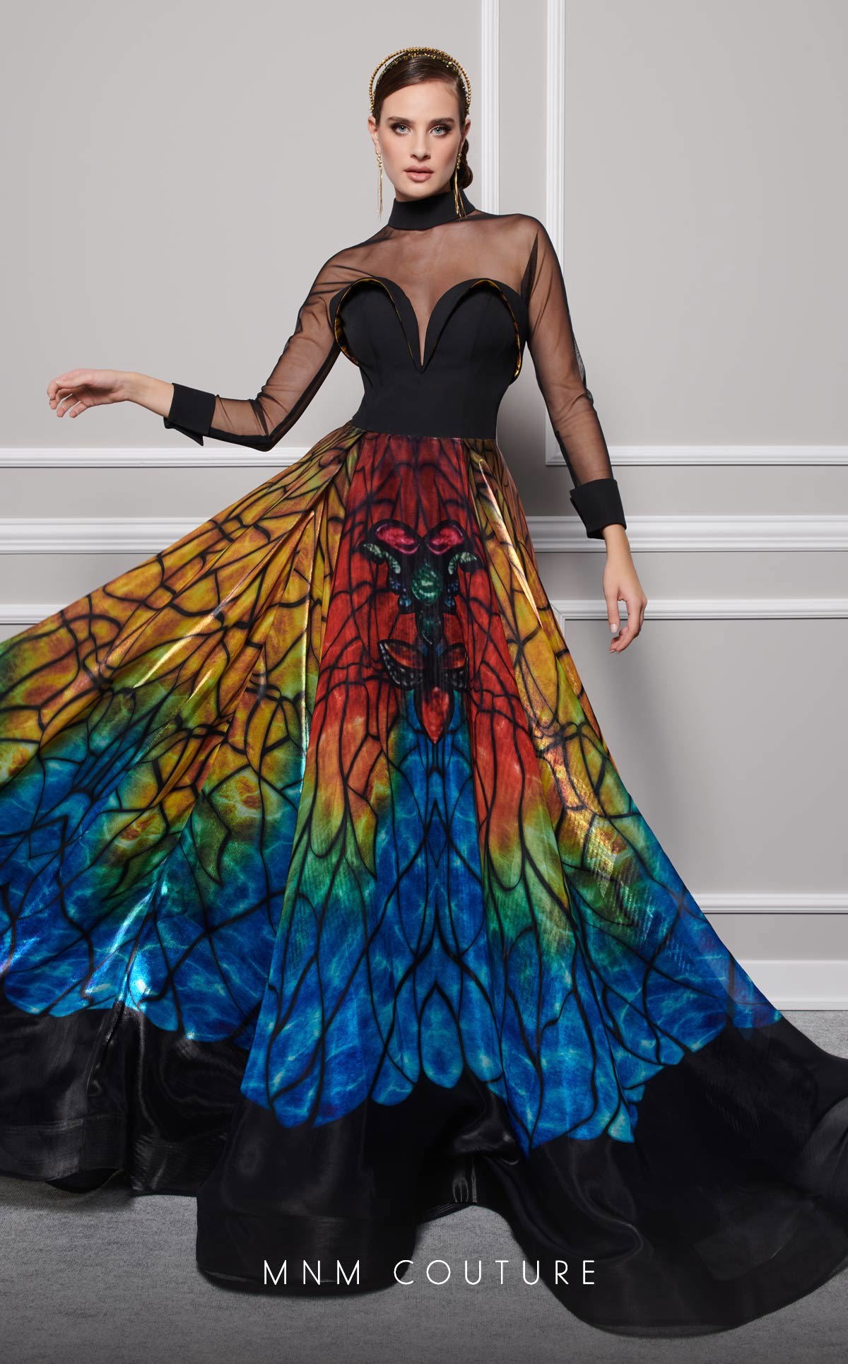 MNM Couture F02825 Long Sleeve Formal Printed A Line Evening Dress