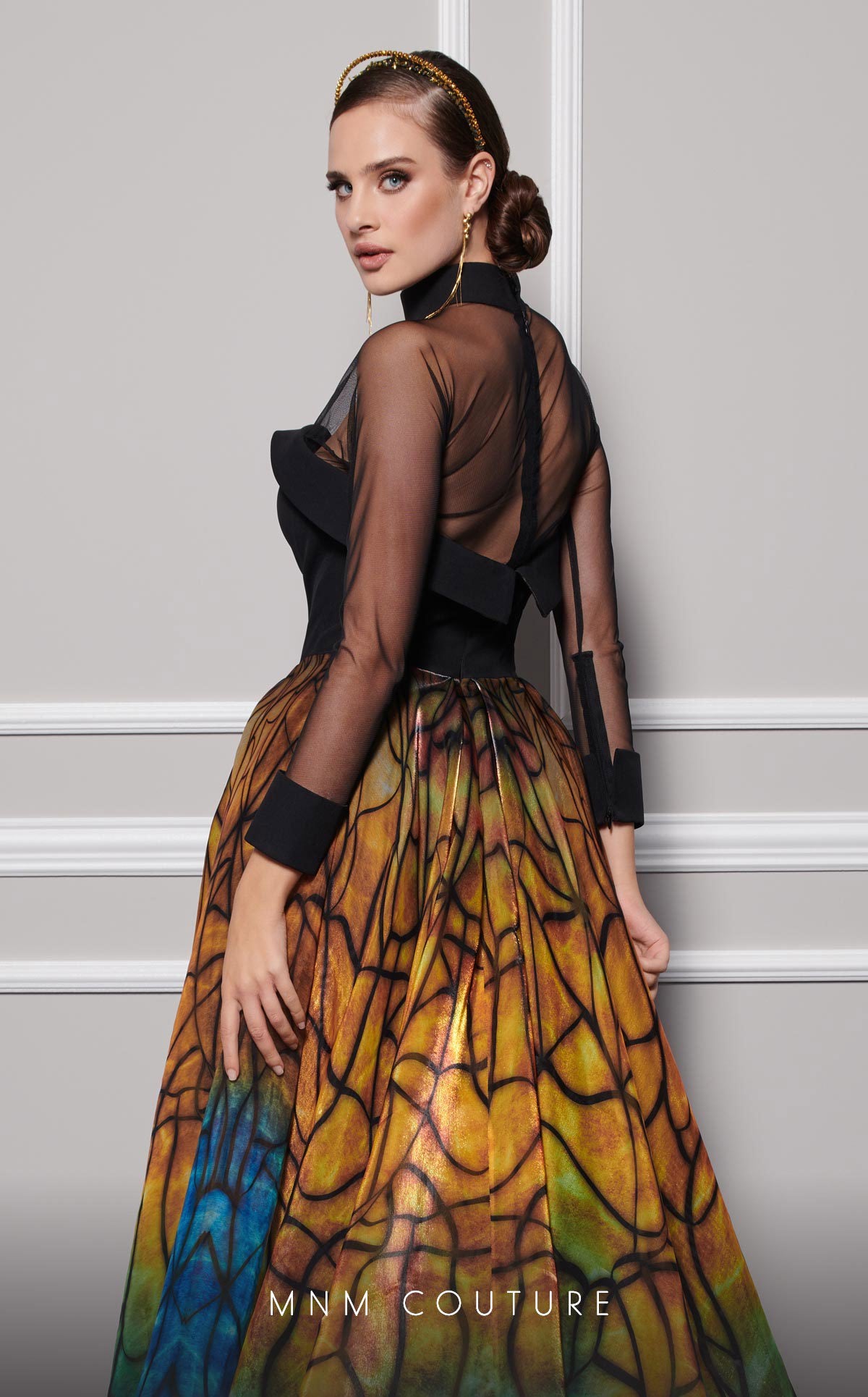 MNM Couture F02825 Long Sleeve Formal Printed A Line Evening Dress