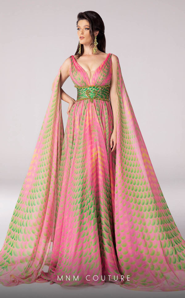 MNM Couture F02828 Long Formal A Line Cape Sleeve Printed Evening Dress