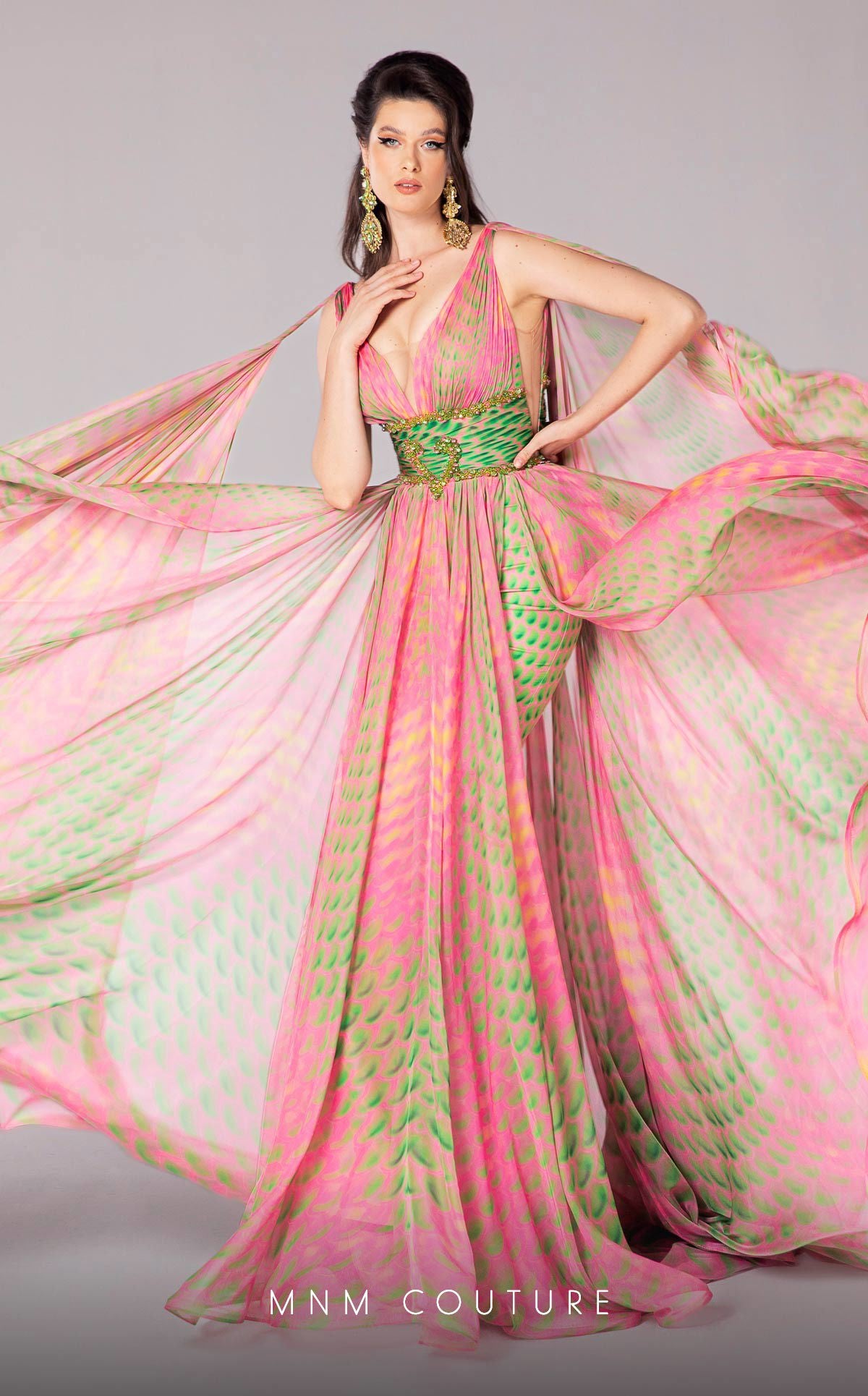 MNM Couture F02828 Long Formal A Line Cape Sleeve Printed Evening Dress