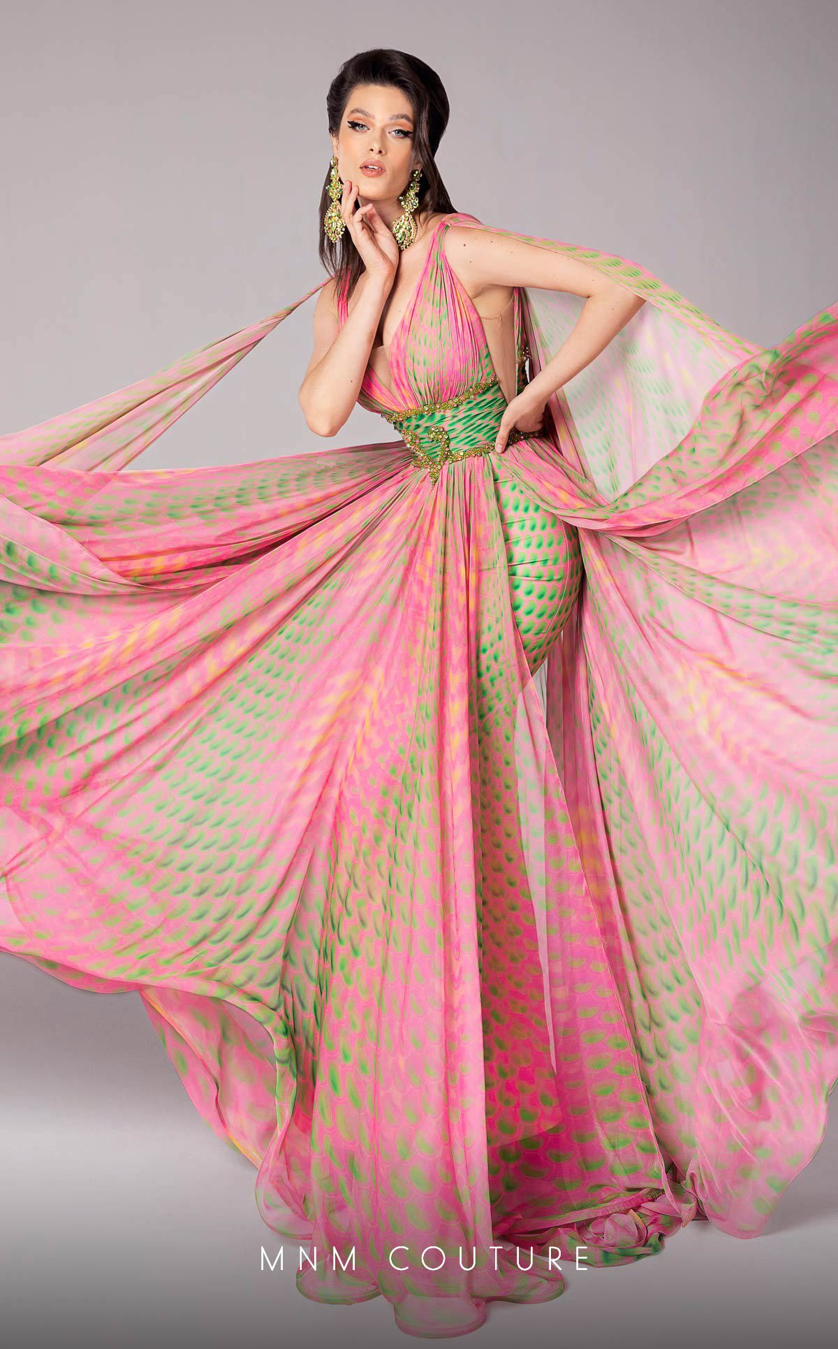 MNM Couture F02828 Long Formal A Line Cape Sleeve Printed Evening Dress