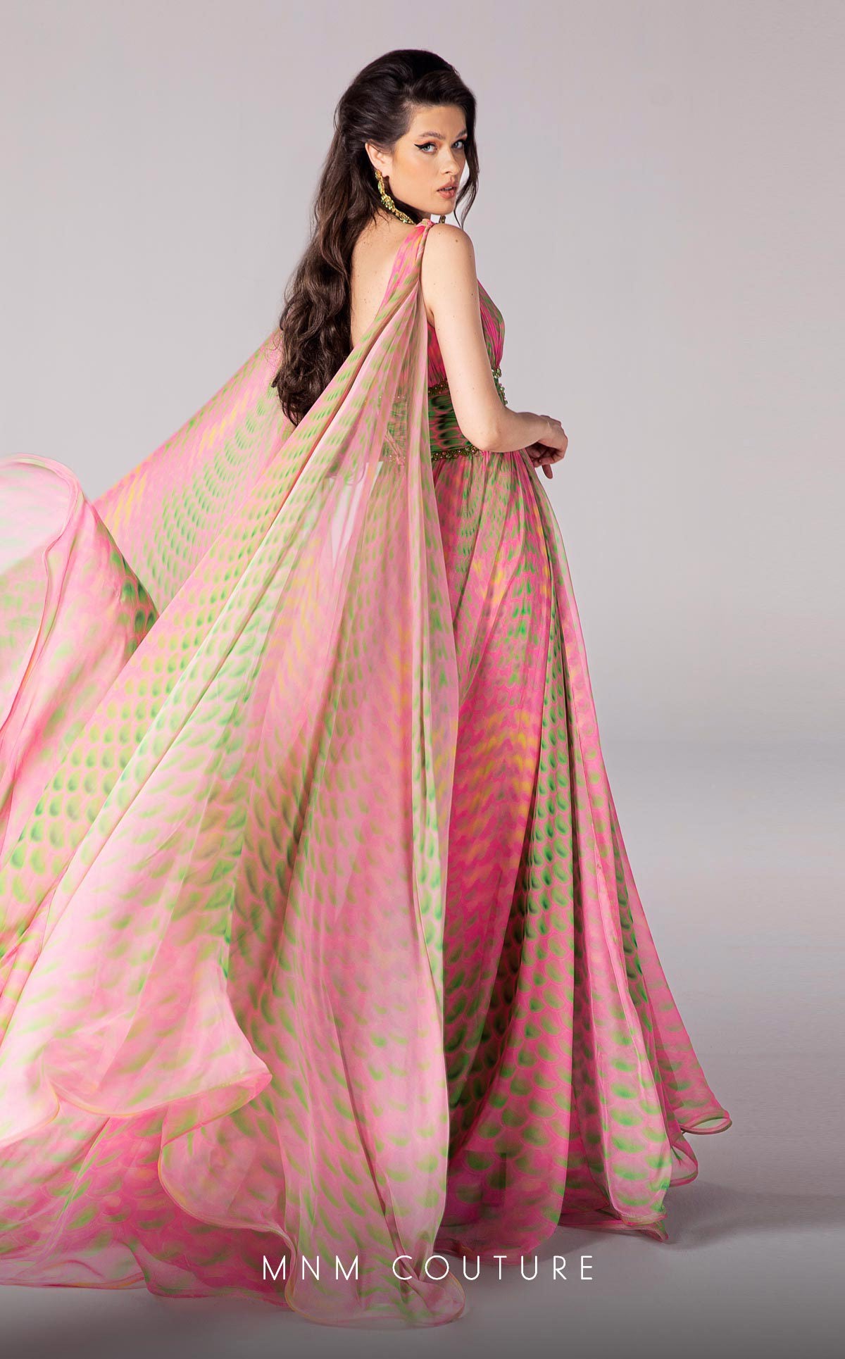 MNM Couture F02828 Long Formal A Line Cape Sleeve Printed Evening Dress
