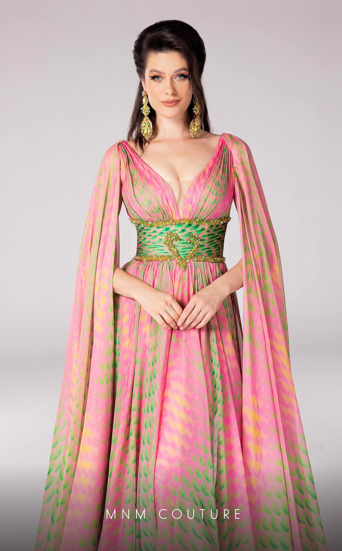 MNM Couture F02828 Long Formal A Line Cape Sleeve Printed Evening Dress