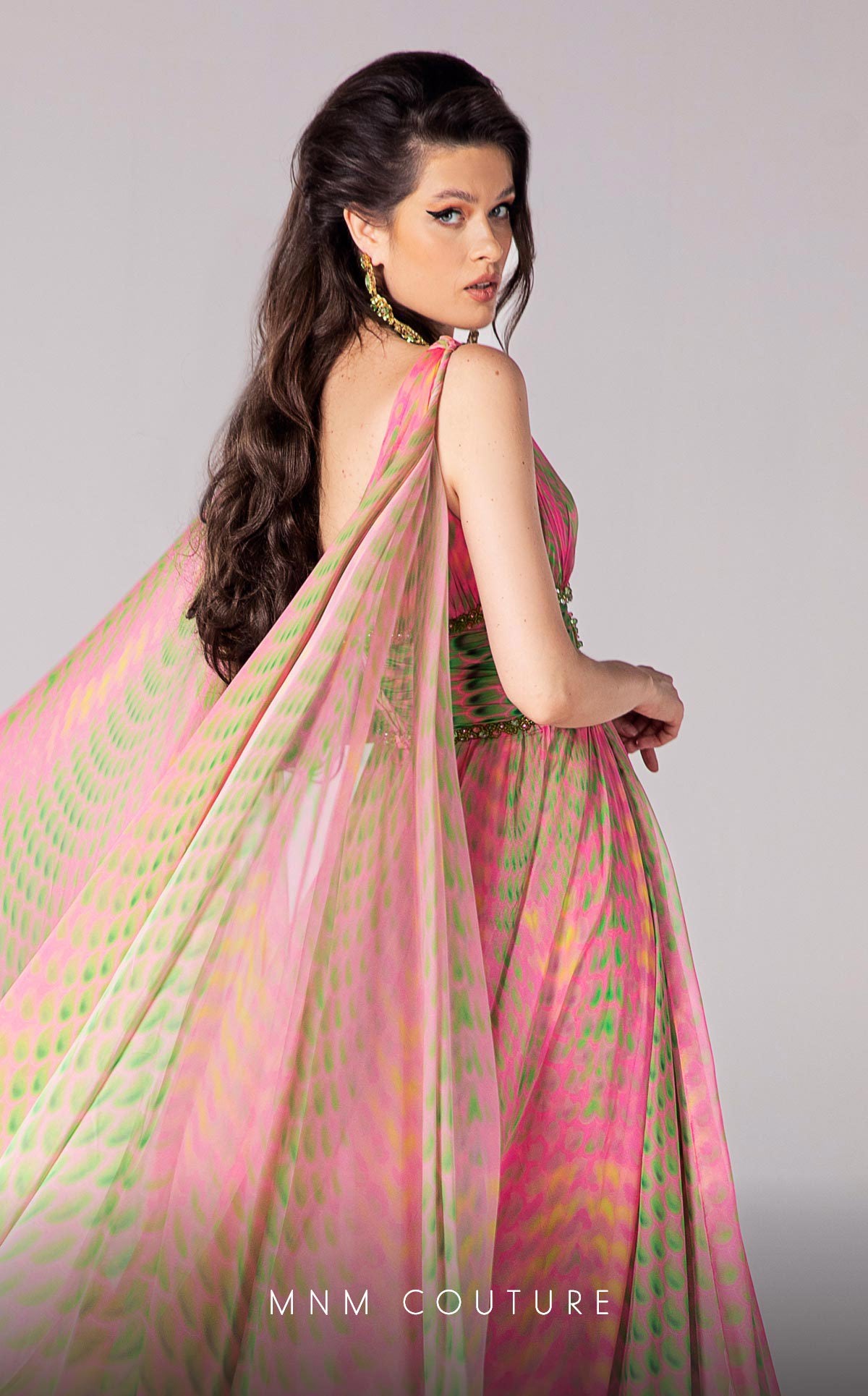 MNM Couture F02828 Long Formal A Line Cape Sleeve Printed Evening Dress