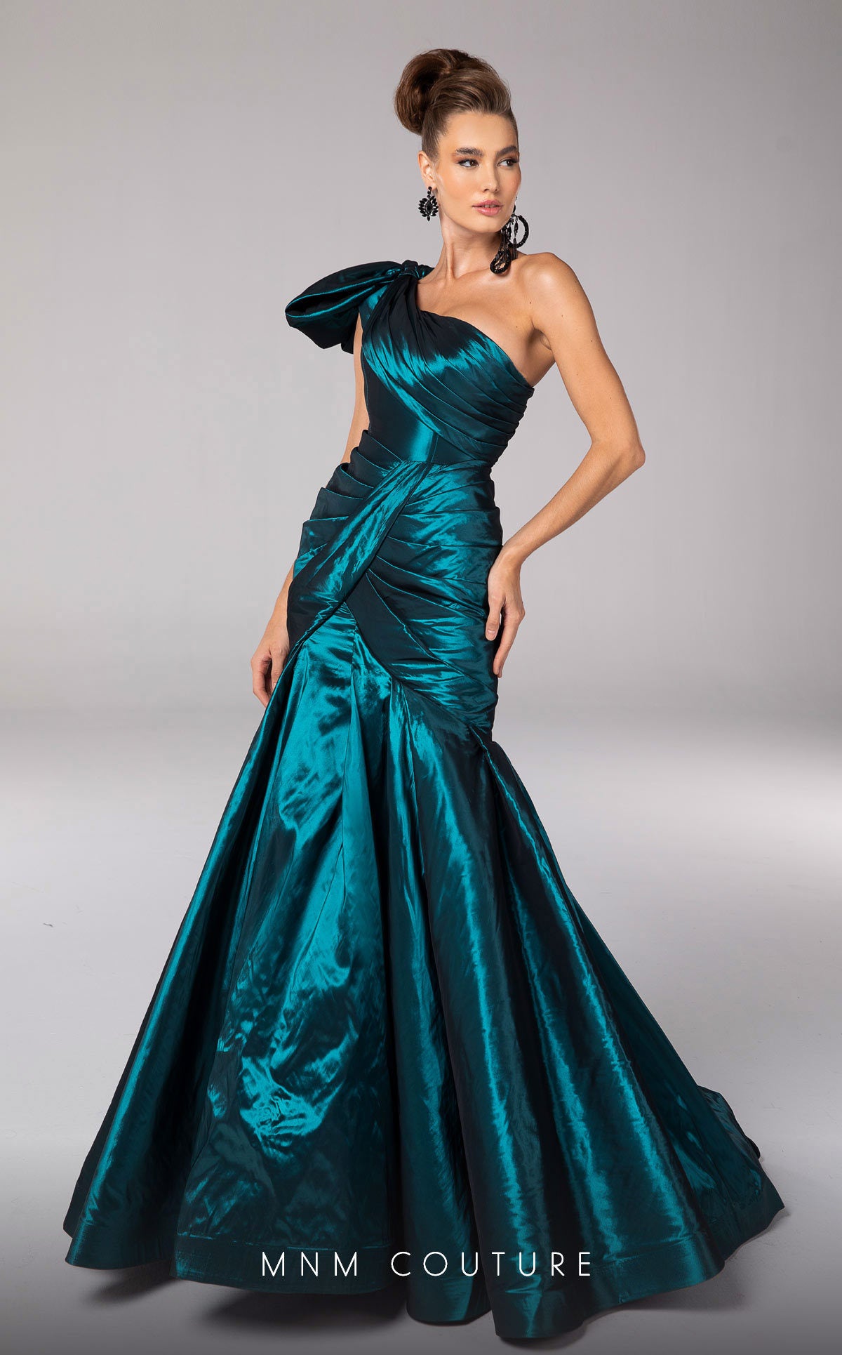 One-Shoulder Mermaid Satin Gown by MNM Couture F02833 in Turquoise