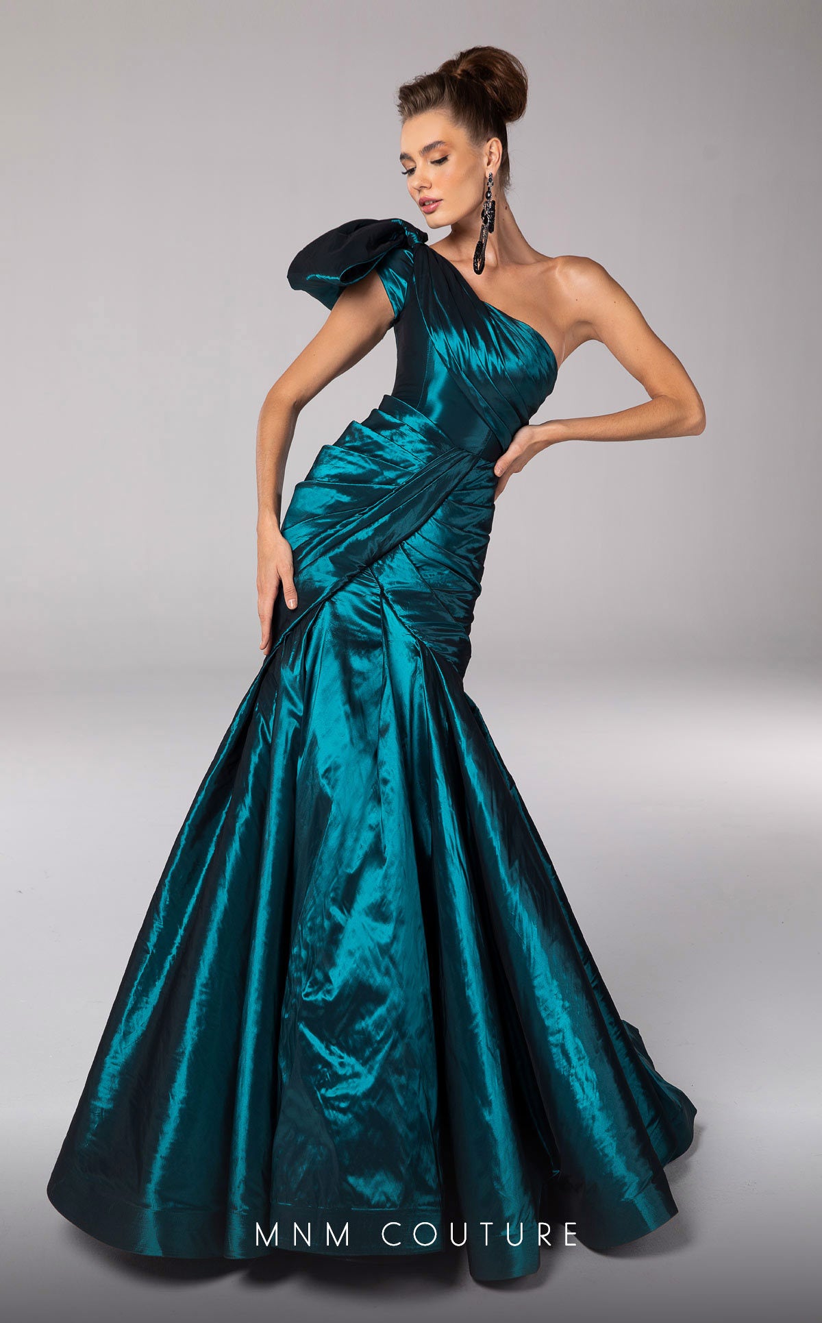 One-Shoulder Mermaid Satin Gown by MNM Couture F02833 in Turquoise