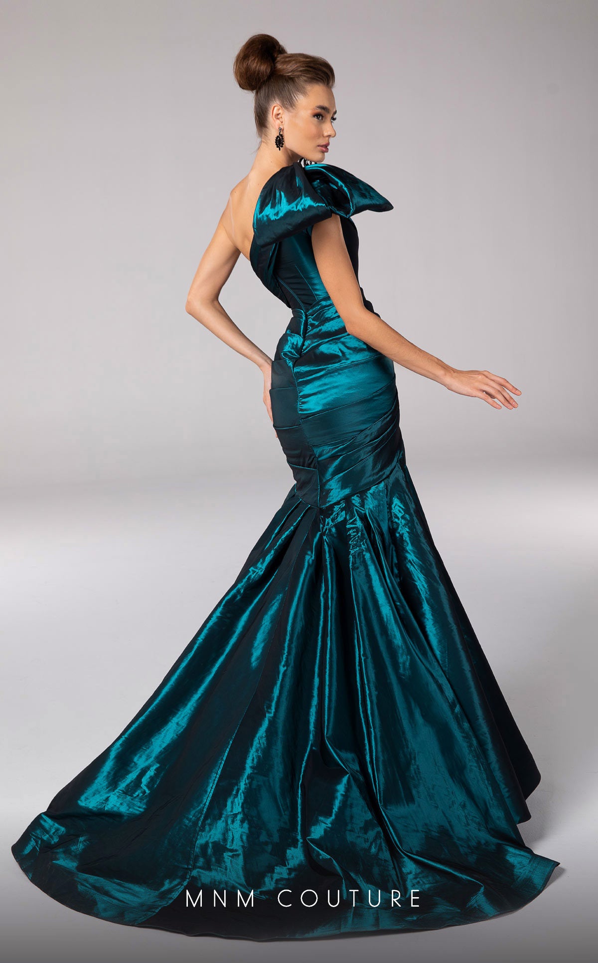 One-Shoulder Mermaid Satin Gown by MNM Couture F02833 in Turquoise