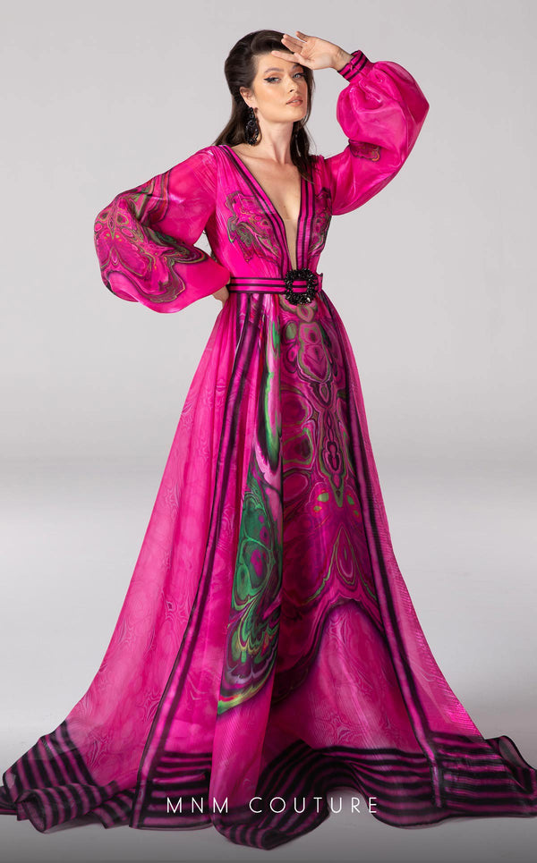 MNM Couture F02839 Long Puff Sleeve Printed Formal Evening Dress