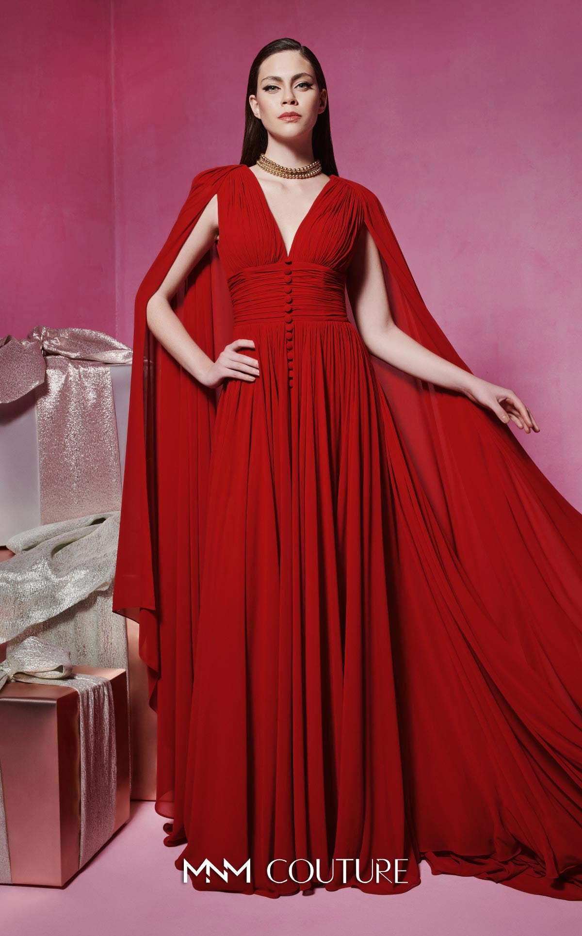 Mother of the Bride Dresses Long Formal Cape Mother of the Bride Dress MNM Couture F02845 Red