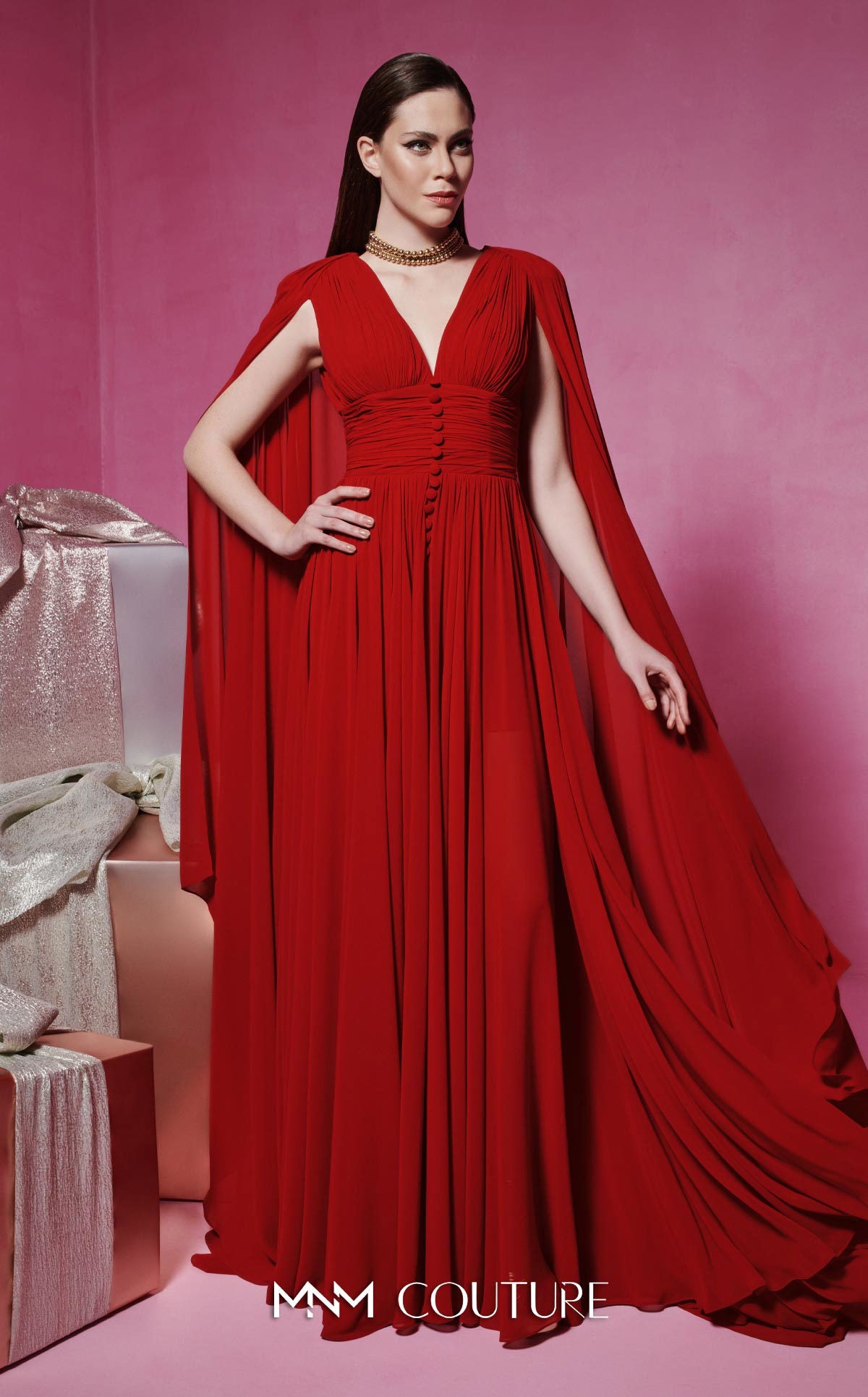 Mother of the Bride Dresses Long Formal Cape Mother of the Bride Dress MNM Couture F02845 Red