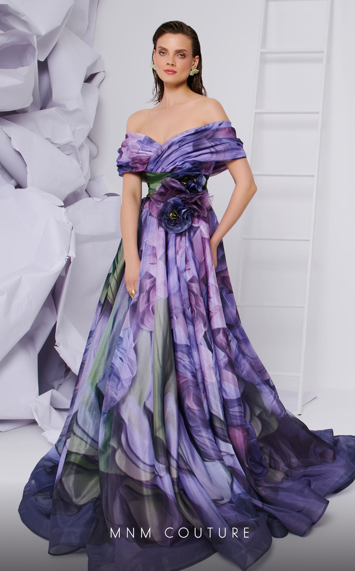 MNM Couture F02855 A Line Pleated Long Formal Printed Evening Dress