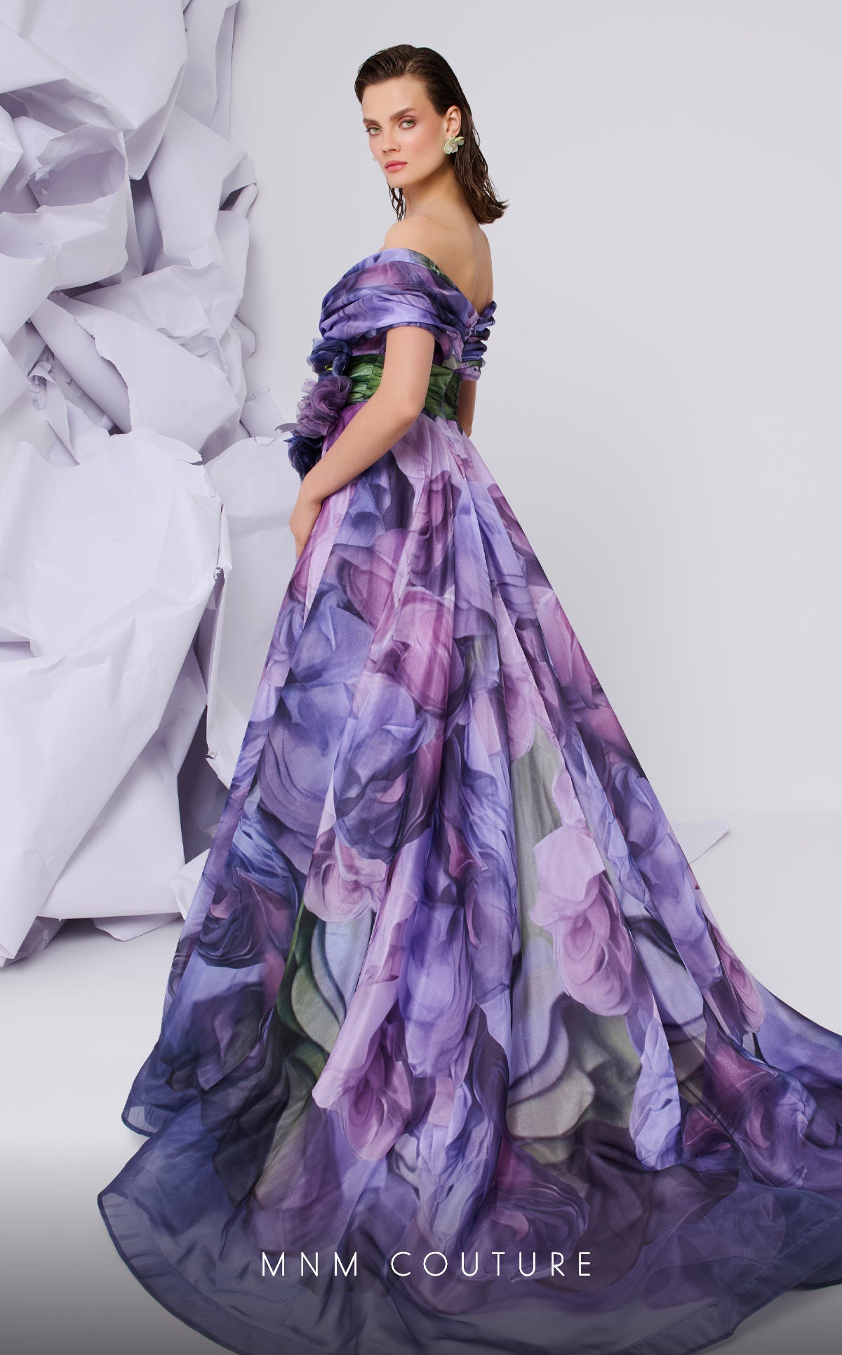 MNM Couture F02855 A Line Pleated Long Formal Printed Evening Dress