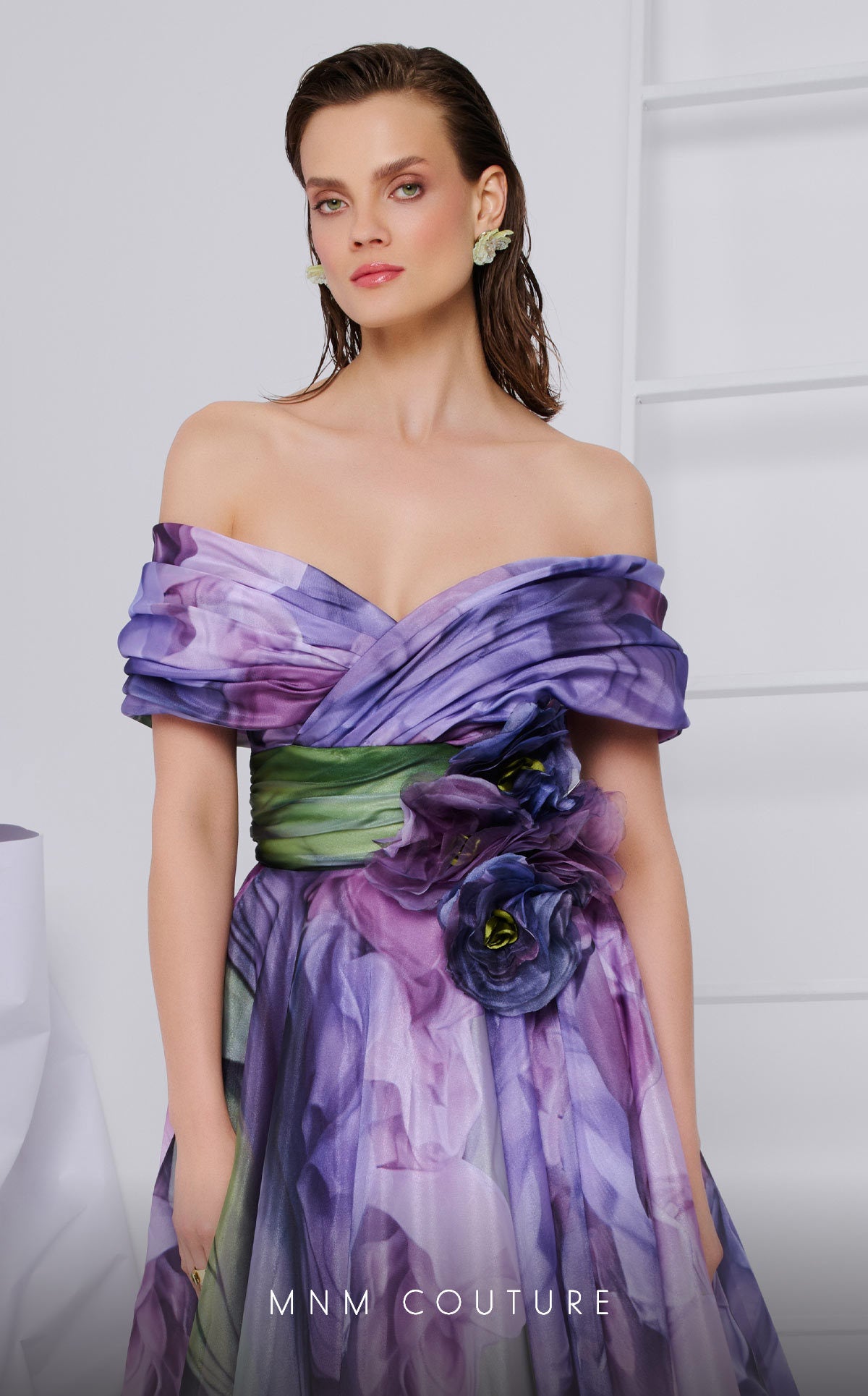 MNM Couture F02855 A Line Pleated Long Formal Printed Evening Dress