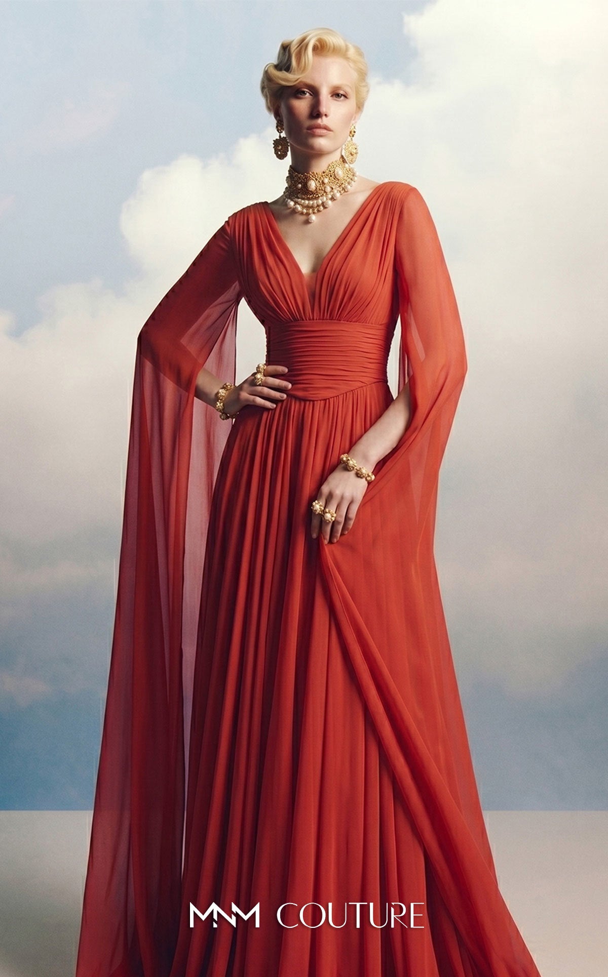 V-Neck Floor-Length Chiffon Occasion A-Line MNM Couture F02862A