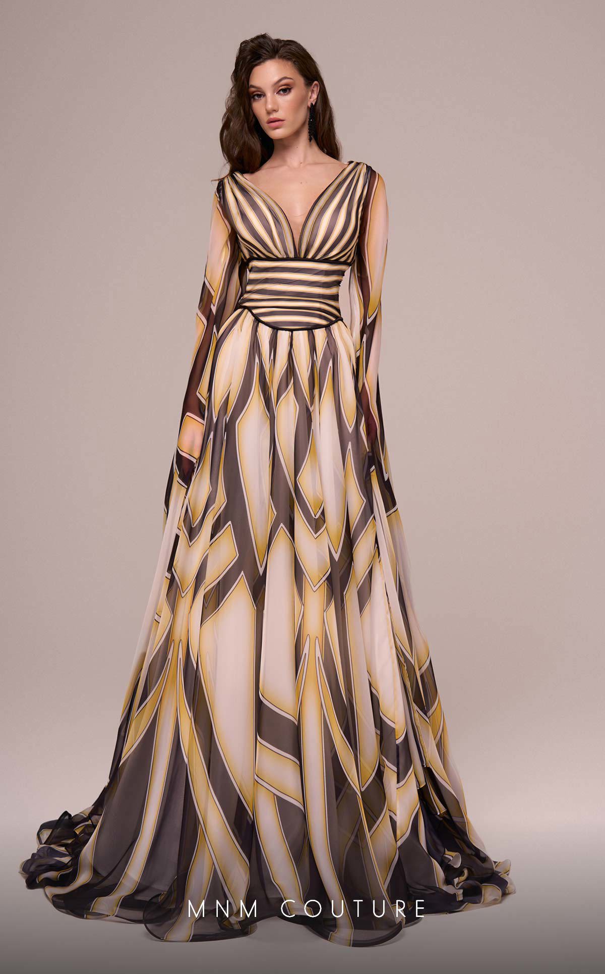 MNM Couture F02862 Printe A Line Long Formal Cape Sleeve Evening Dress