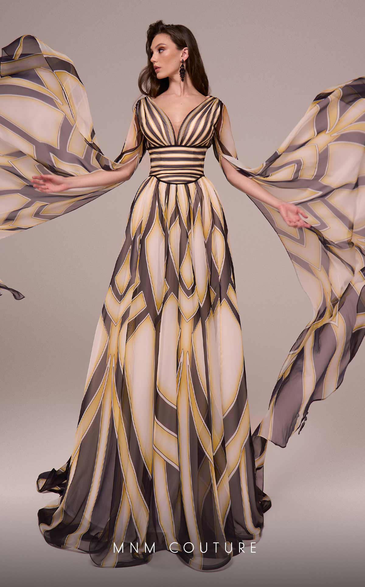 MNM Couture F02862 Printe A Line Long Formal Cape Sleeve Evening Dress