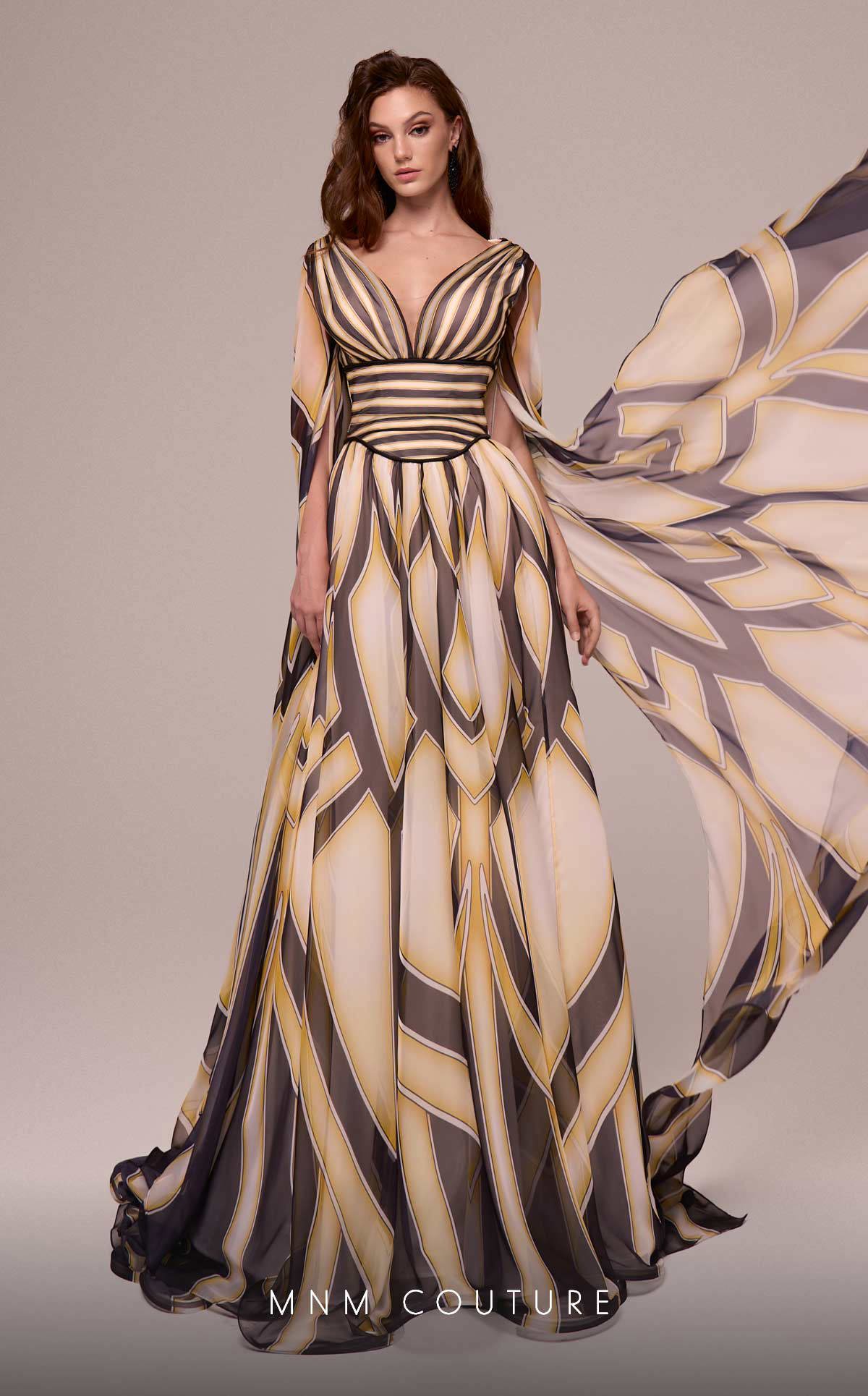 MNM Couture F02862 Printe A Line Long Formal Cape Sleeve Evening Dress