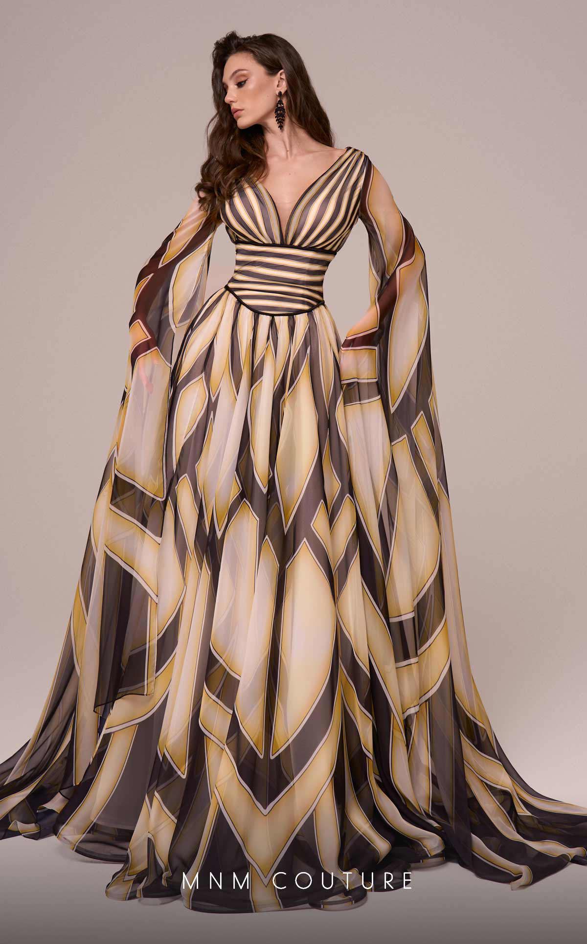 MNM Couture F02862 Printe A Line Long Formal Cape Sleeve Evening Dress