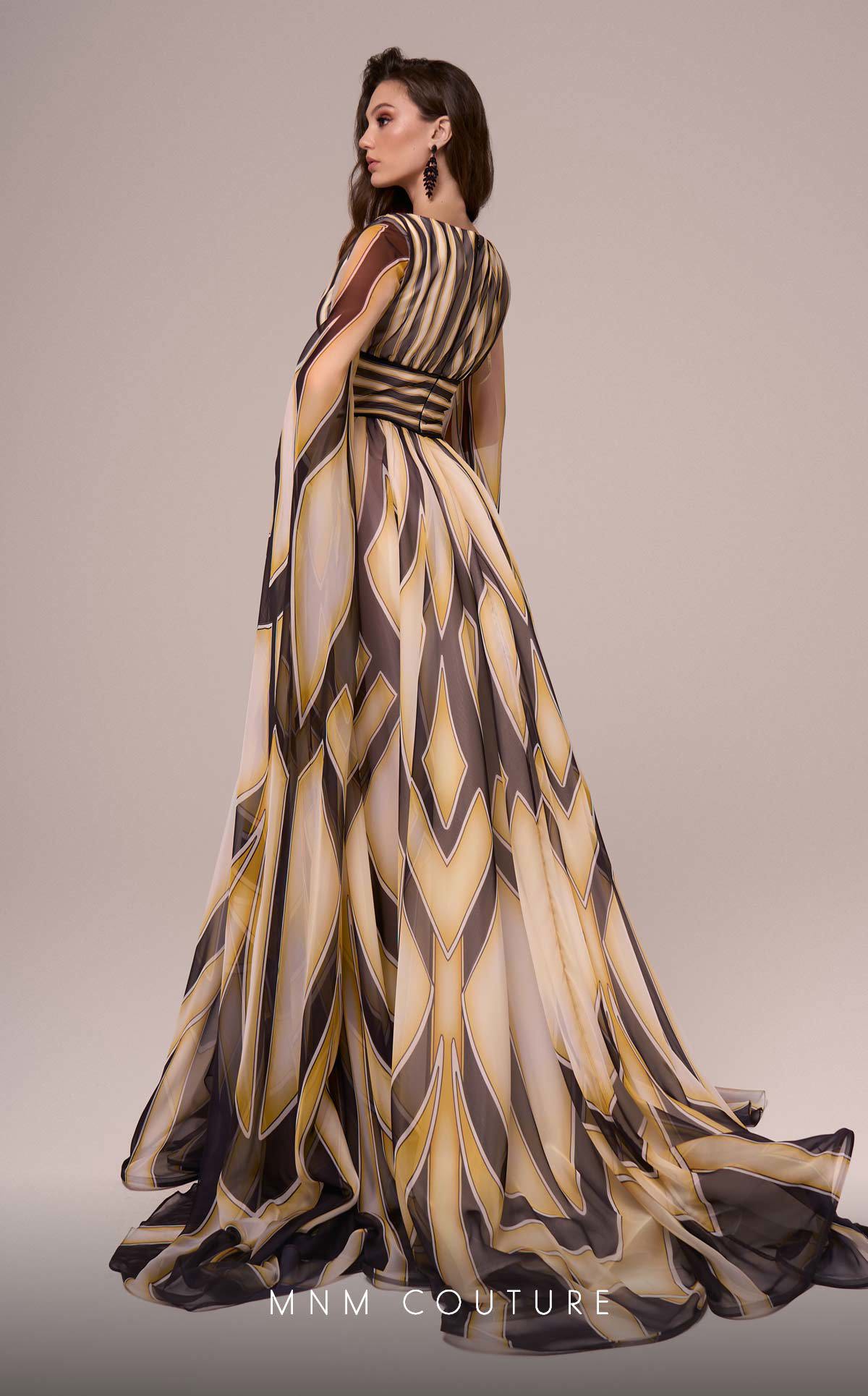 MNM Couture F02862 Printe A Line Long Formal Cape Sleeve Evening Dress