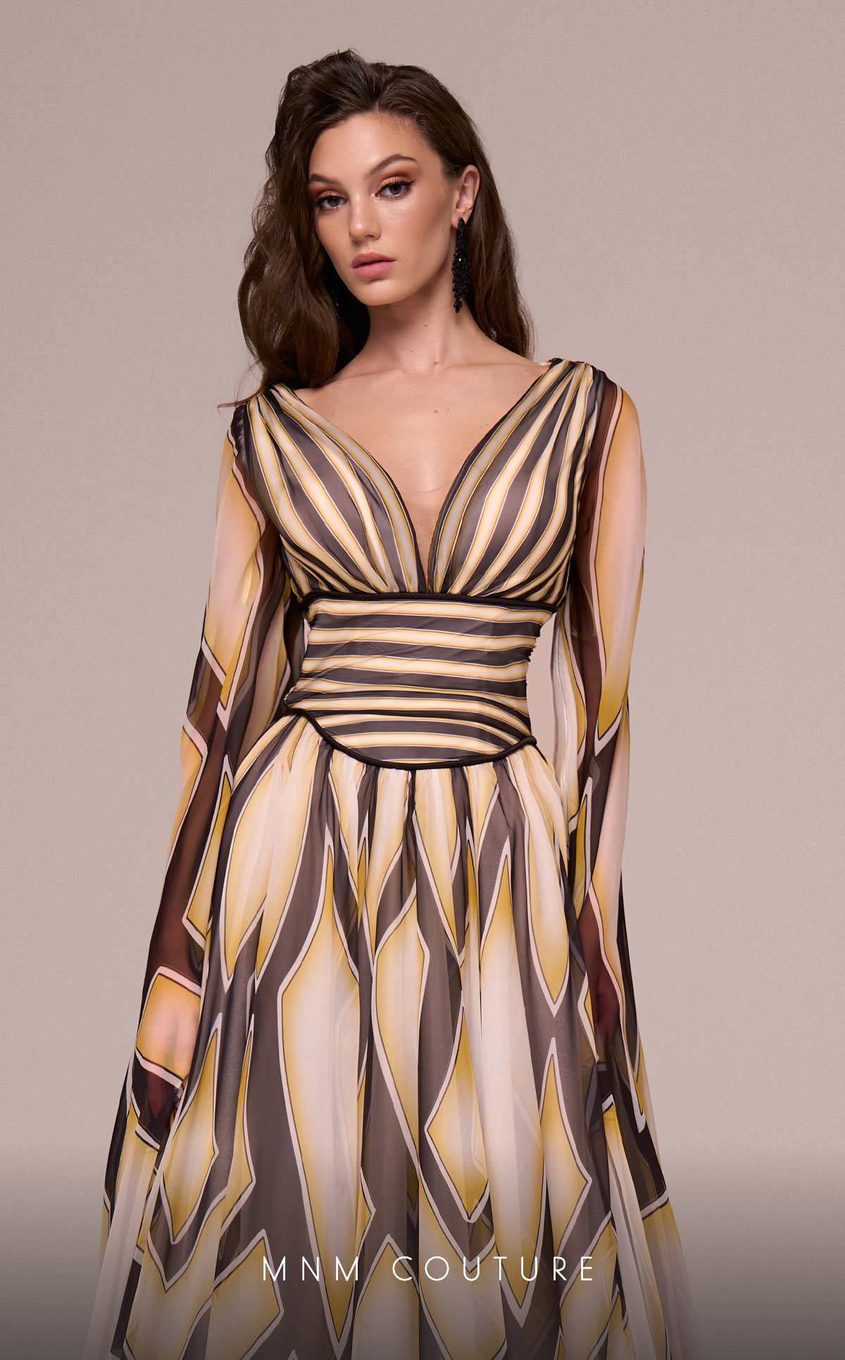MNM Couture F02862 Printe A Line Long Formal Cape Sleeve Evening Dress