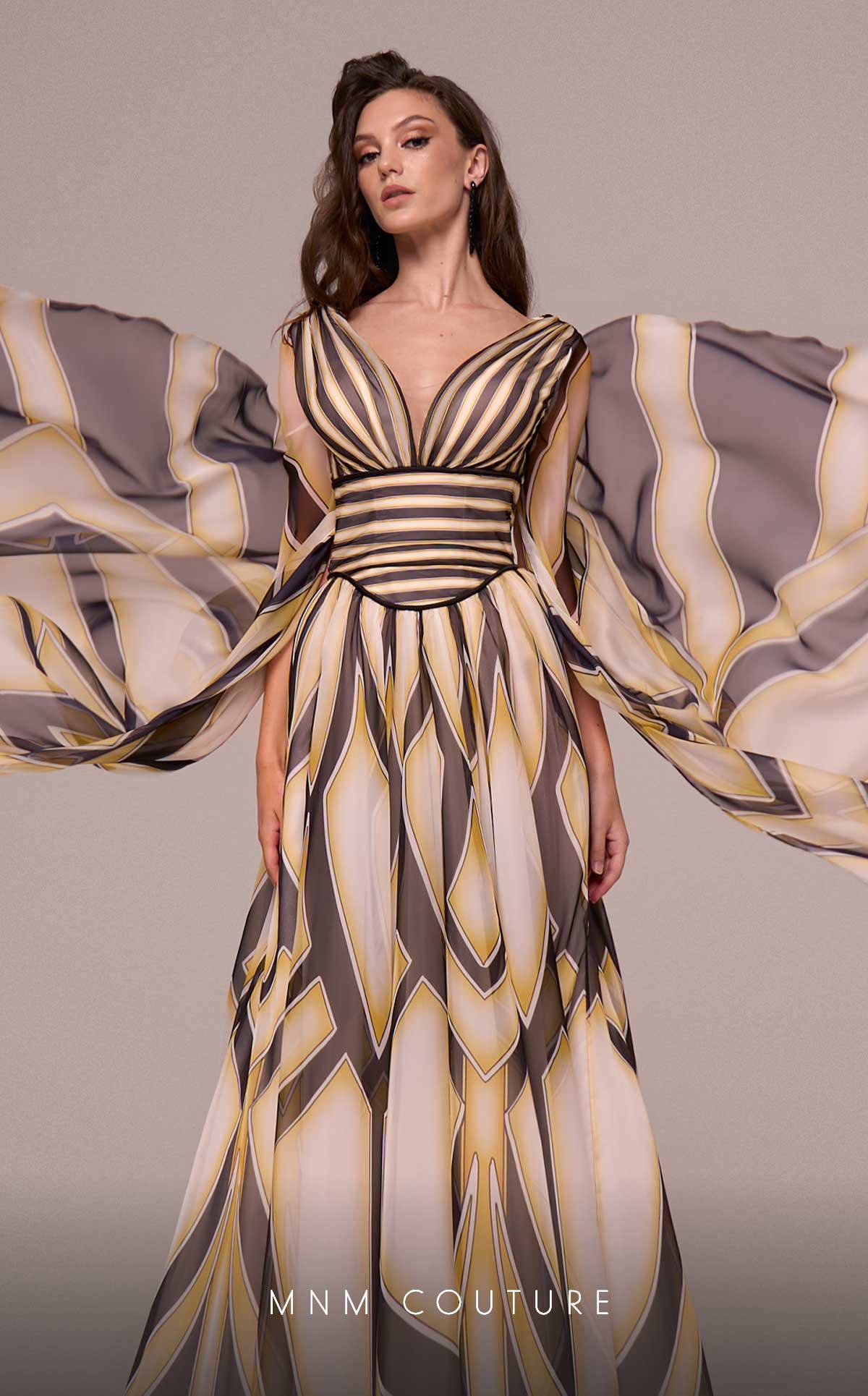 MNM Couture F02862 Printe A Line Long Formal Cape Sleeve Evening Dress