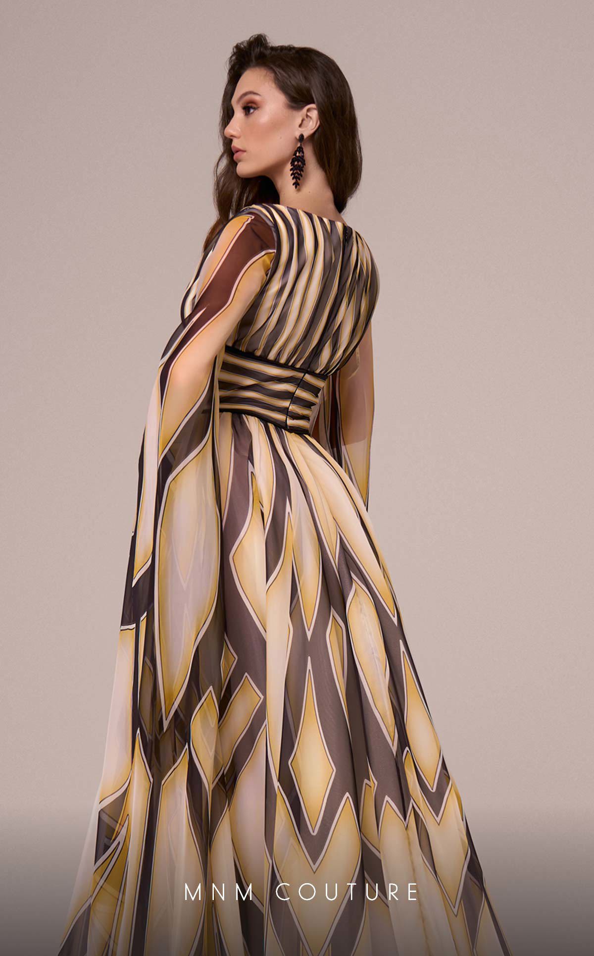 MNM Couture F02862 Printe A Line Long Formal Cape Sleeve Evening Dress