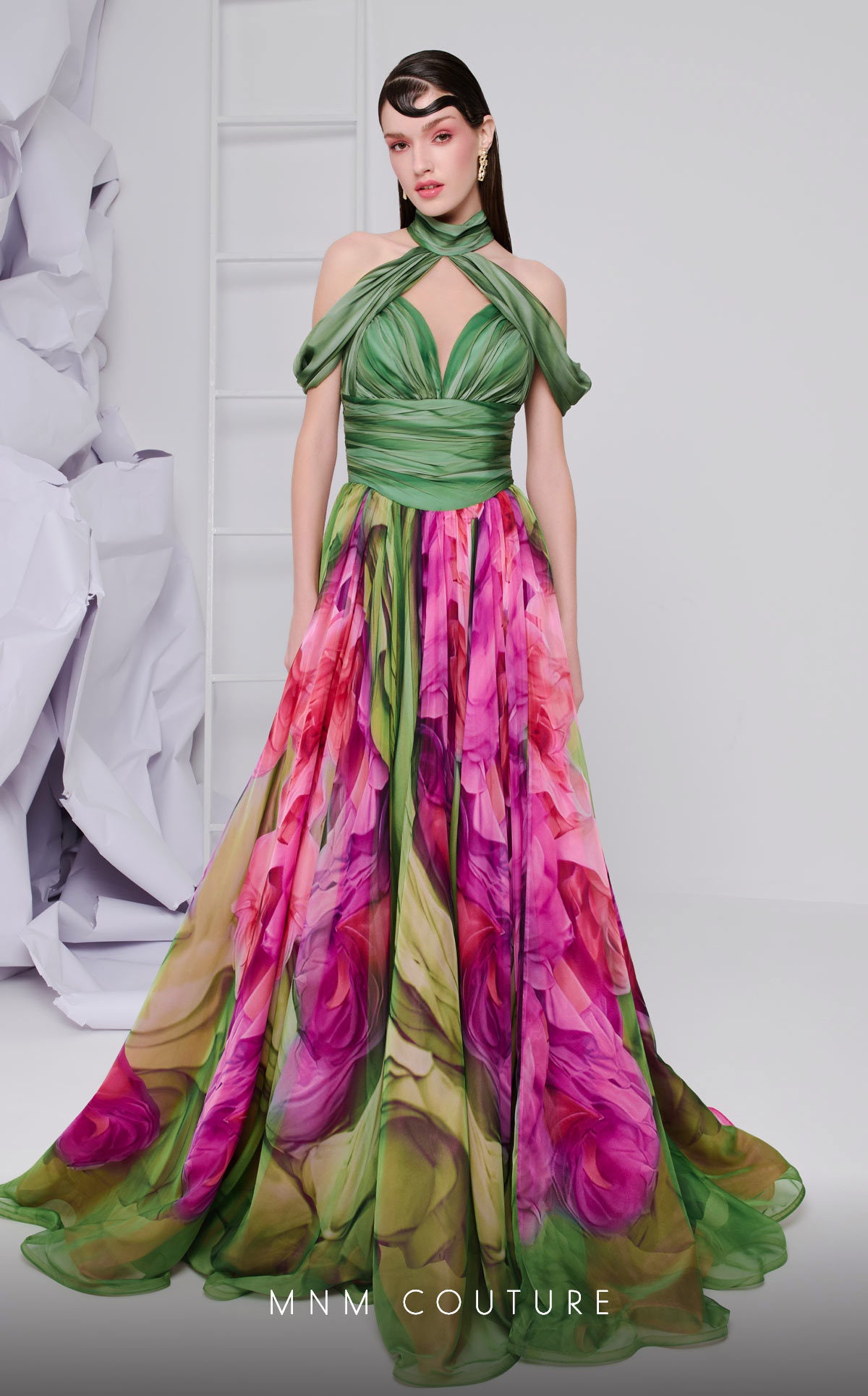 MNM Couture F02864 Long Formal Floral Print Evening Dress