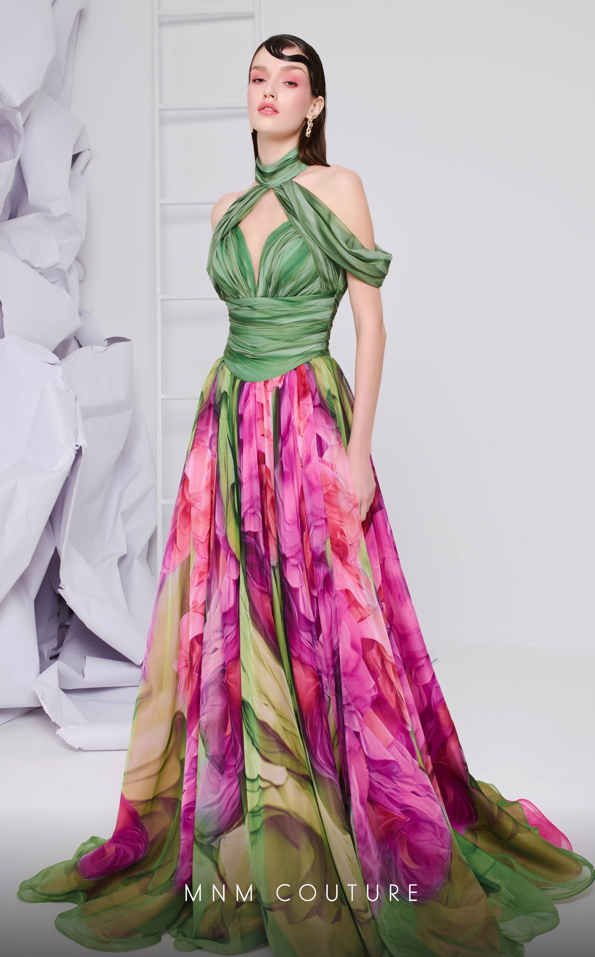 MNM Couture F02864 Long Formal Floral Print Evening Dress