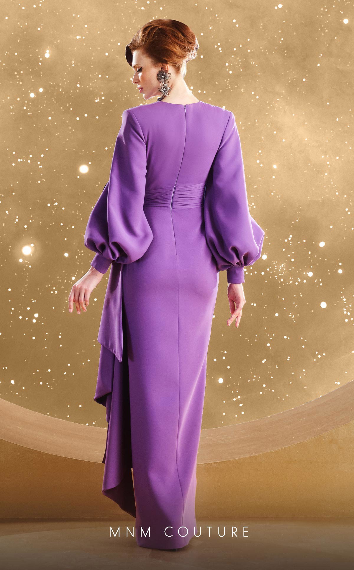 MNM Couture F02866 Long Puff Sleeve Formal Applique Evening Dress
